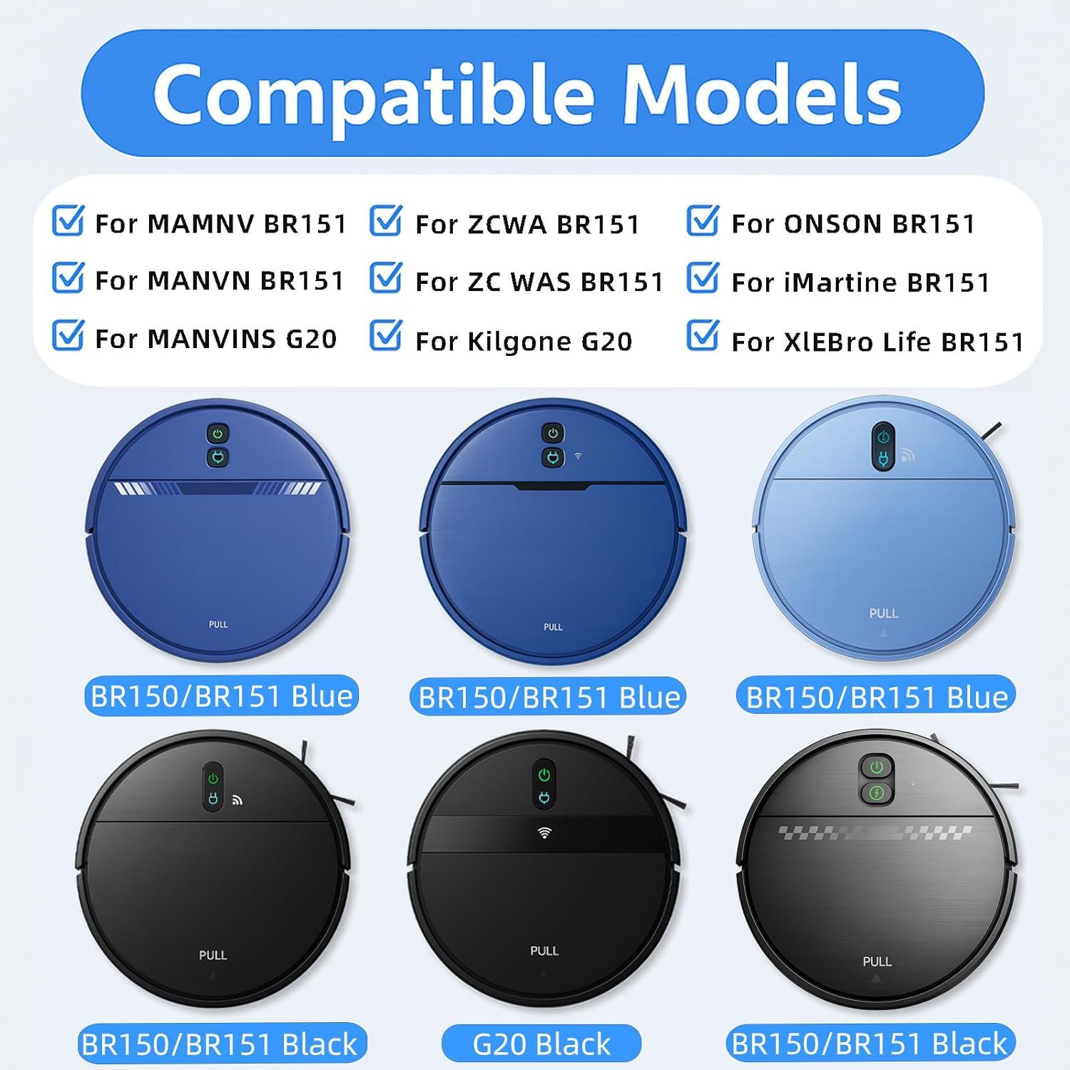 BR151 Robot Vacuum Replacement Parts, Compatible with MAMNV BR151,ZCWA BR151,XIEBro BR151,iMartine BR151,ONSON BR151,MANVN BR151,ZC WAS BR151,MANVINS G20,Kilgone G20,8ea:Mop Pad,HEPA ilter,Side Brush - Image 2