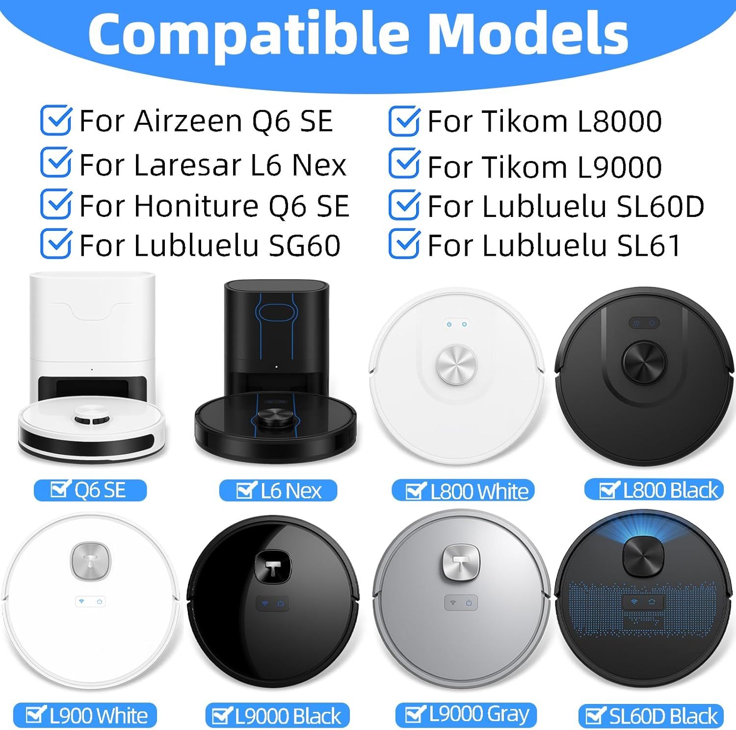 20-Piece L9000 Replacement Parts Compatible with Tikom L9000, L8000, Lubluelu SL60D, Laresar L6 Nex, Honiture Q6 SE Robot Vacuum Accessories, 2 Main Brushes, 6 Side Brushes, 6 HEPA ilters, 6 Mop Pads - Image 2