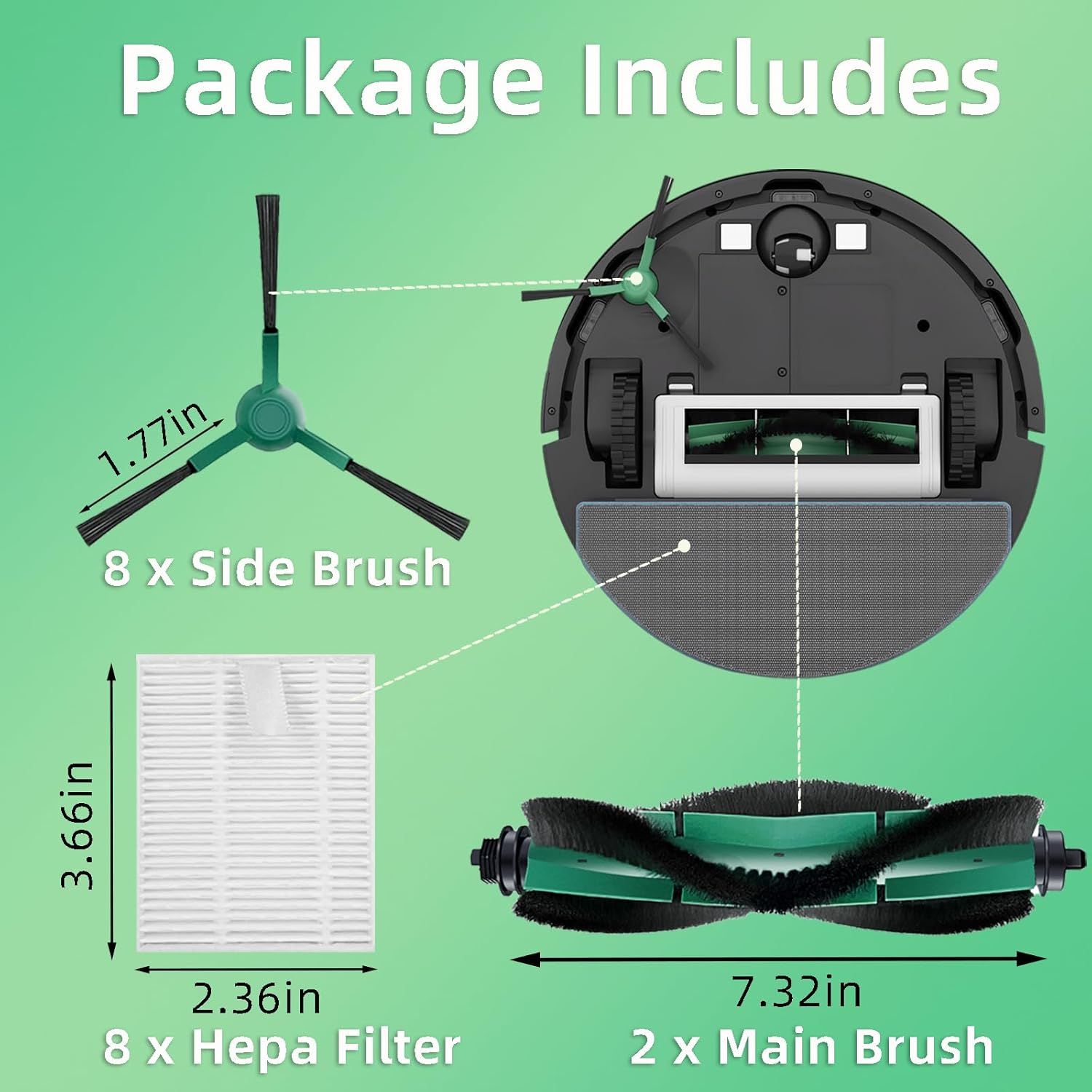 Accessories Kit Compatible with iRobot Roomba 104/105 Vac & Combo, Essential Q0120, Q0520, Y0110, Y0140, Q011 Robot Vacuum Replacement Parts,2 Main Brush, 8 Side Brush, 8 HEPA ilter (18 Pack) - Image 2