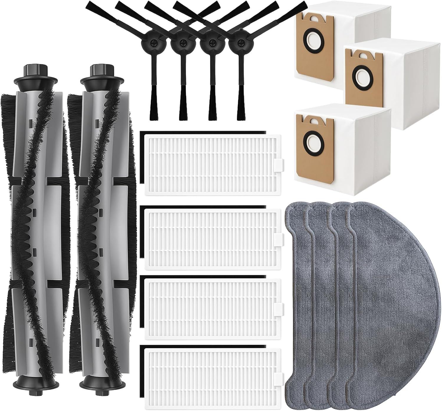 Replacement Parts Kit or HONITURE Q6 Pro, or Laresar L6 Pro, or AIRROBO T10+, or Neabot N2 Robot Vacuum Accessories,2 Main Brush, 4 Side Brush, 4 Hepa ilter, 4 Mop Pad,3 Dust Bag - Image 1