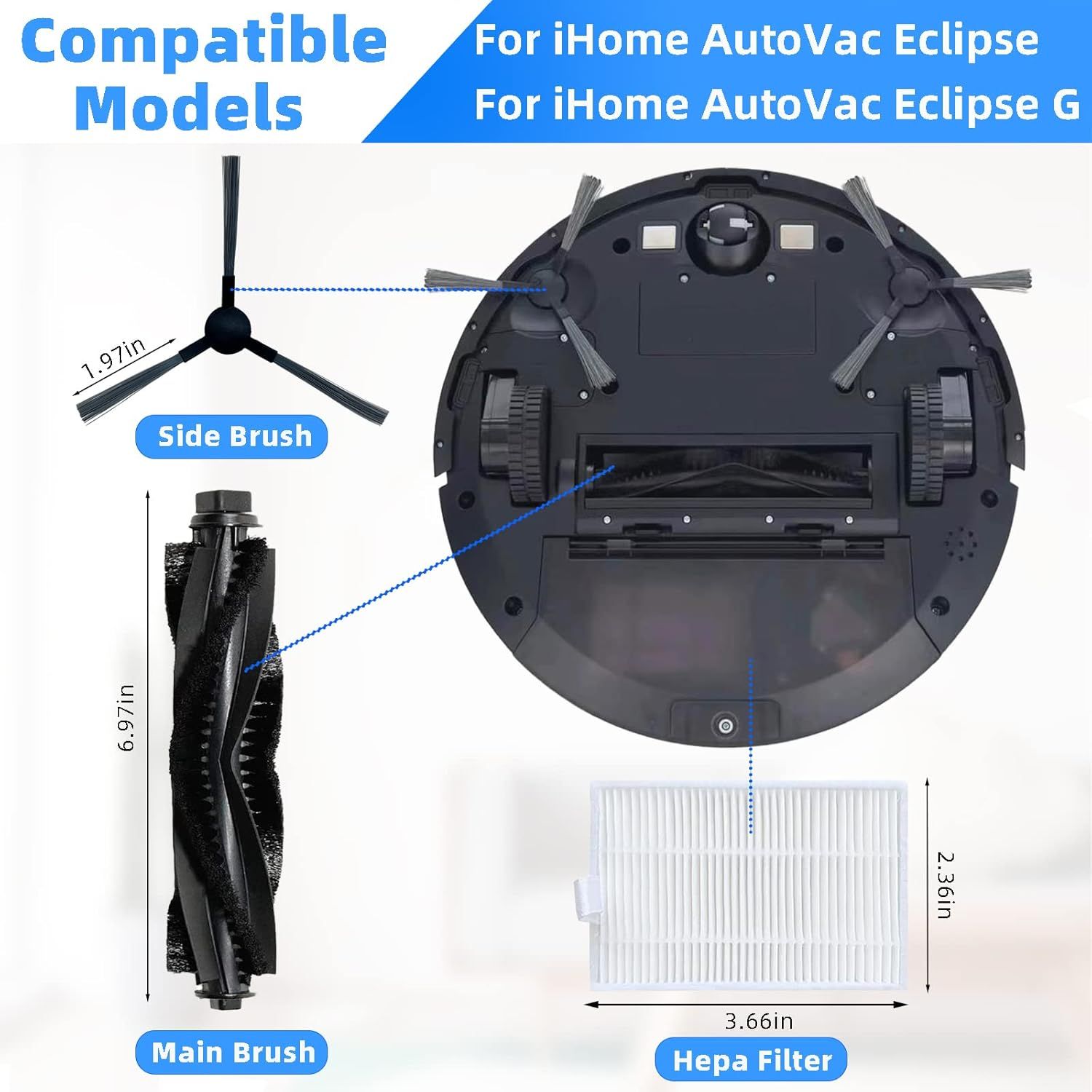 Accessories Kit or iHome AutoVac Eclipse iHRV1 / Eclipse G iHRV2 Robot Vacuum Replacement Parts, 1 Main Roller Brush, 4 Side Brush, 4 Hepa ilter - Image 2