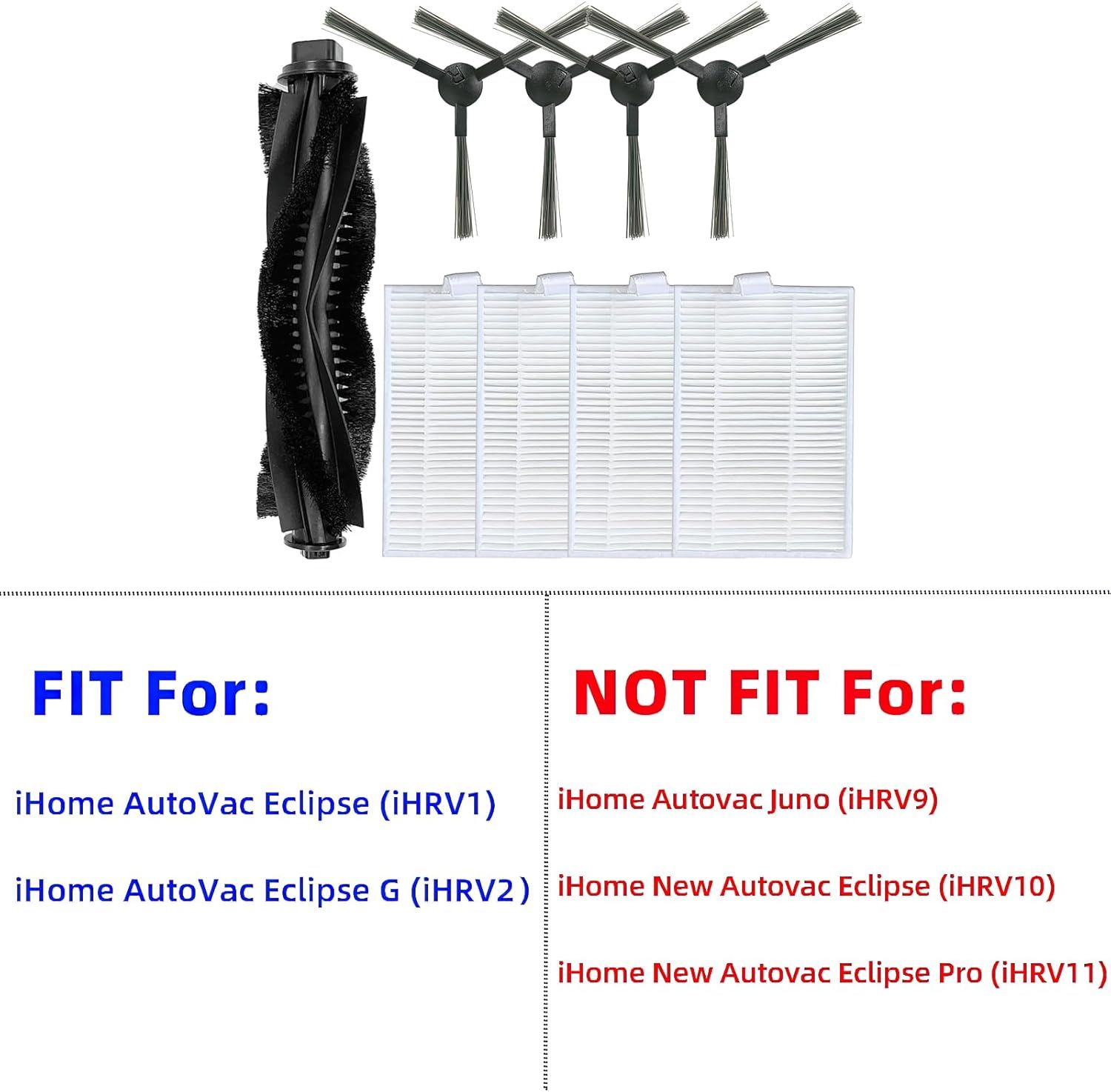 Accessories Kit or iHome AutoVac Eclipse iHRV1 / Eclipse G iHRV2 Robot Vacuum Replacement Parts, 1 Main Roller Brush, 4 Side Brush, 4 Hepa ilter - Image 3