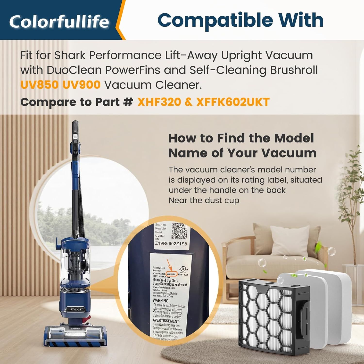 UV850 ilters Replacement or Shark Perormance Lit Away UV850 UV900 DuoClean Upright Vacuum, Compare to Part #XH320 & XK602UKT, 2 HEPA ilters and 4 oam & elt ilters - Image 3