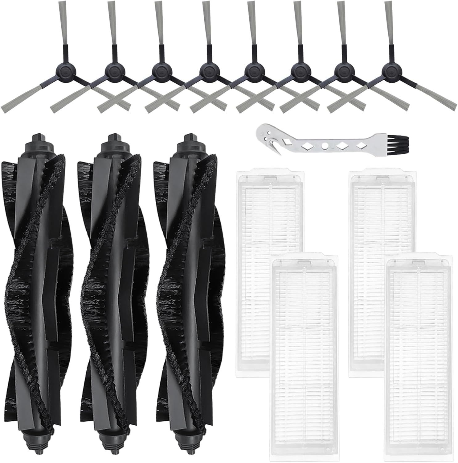 WVCR200S Replacement Parts or WYZE Robot Vacuum Cleaner WVCR200S Spare Accessories, 3 Main Roller Brush, 8 Side Brushes, 4 Hepa ilters, 1 Cleaning Tool - Image 1