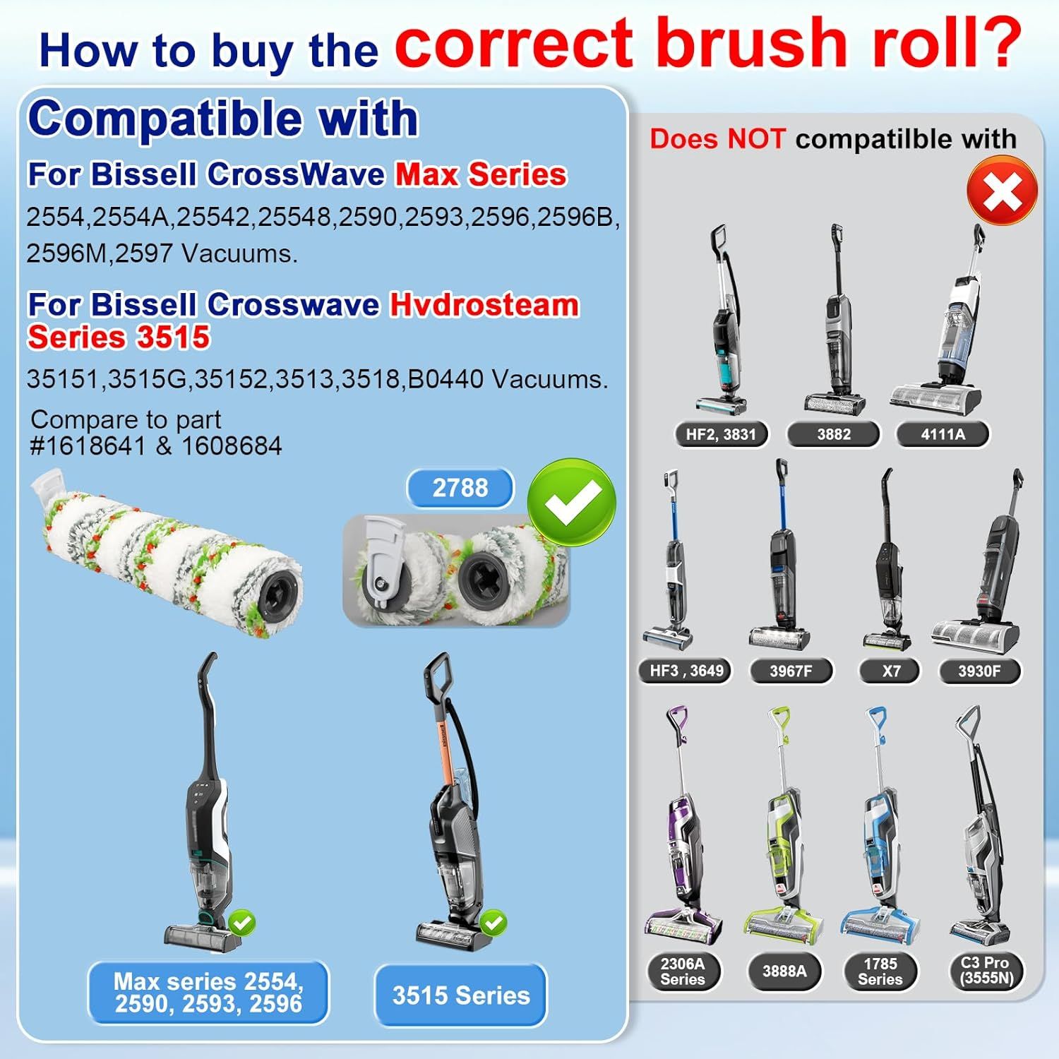 3 Pack Multi-Surace Pet Brush Rolls 2788 and 3 Pack Vacuum ilters 1866 or Bissell CrossWave Max 2554 2590 2593 2596 or HydroSteam 35151 3515 35152 3513 3518 Vacuums, Part 1618641 & 1608684 - Image 3