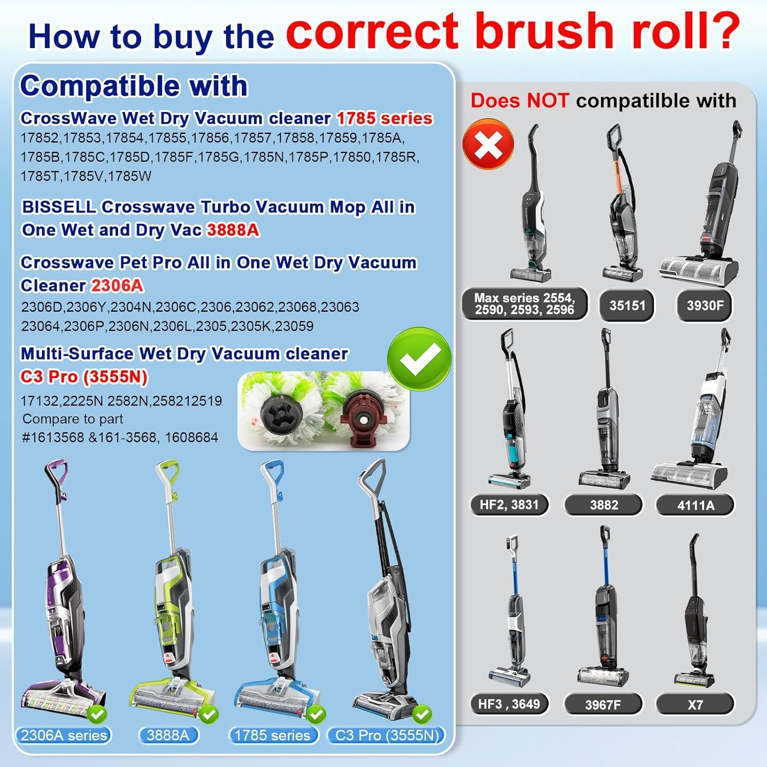 Brush ilter Replacement Parts or Bissell CrossWave Vacuum 3888A 1785 Pet Pro 2306A Cordless Wet Dry Vac, 3 Pack 2460 Multi-Surace Pet Brush Roll & 1866 Vacuum ilter, Part 1613568 1608684 - Image 3