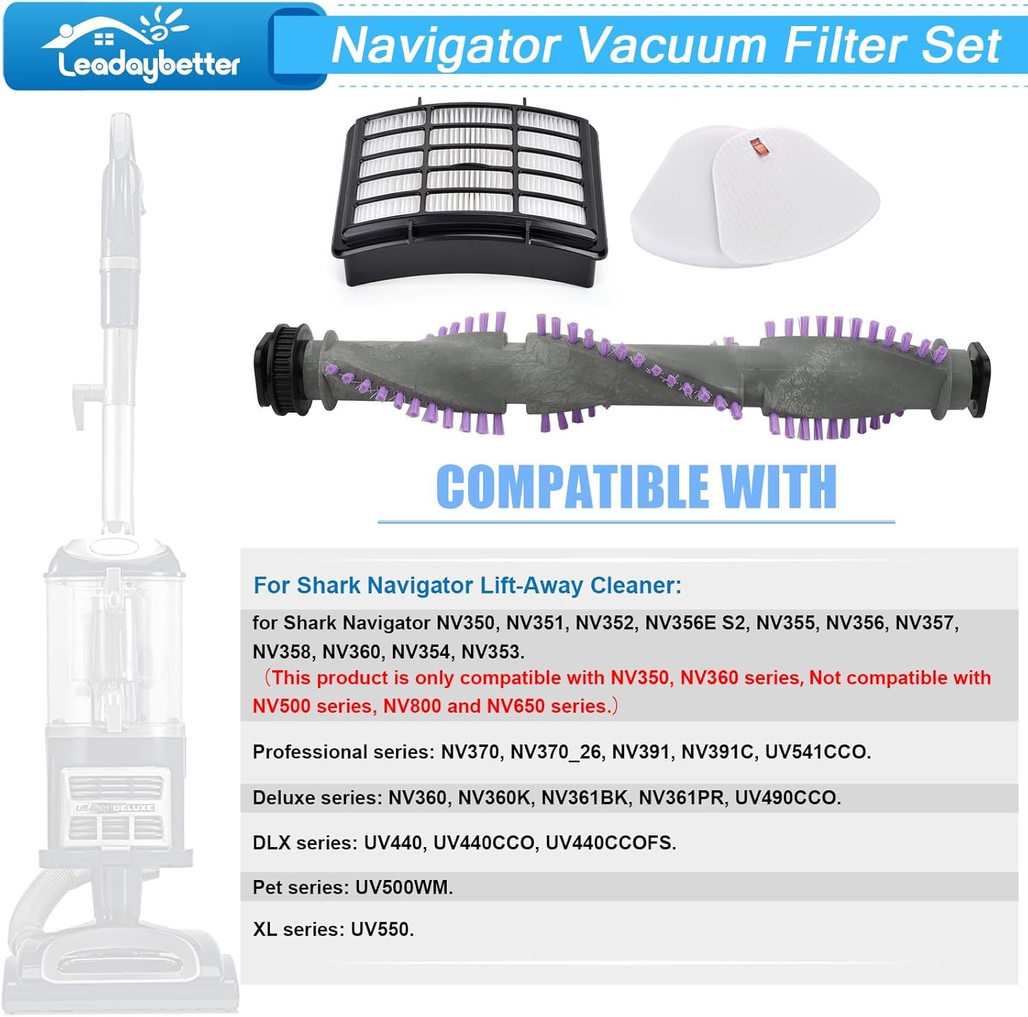 Brush Roll ilter Replacement or Shark Navigator Lit Away NV350 NV351 NV352 NV356E S2 NV360 NV355 NV356 NV357 NV358 Vacuum Cleaner, with Belt and Wheels - Image 3