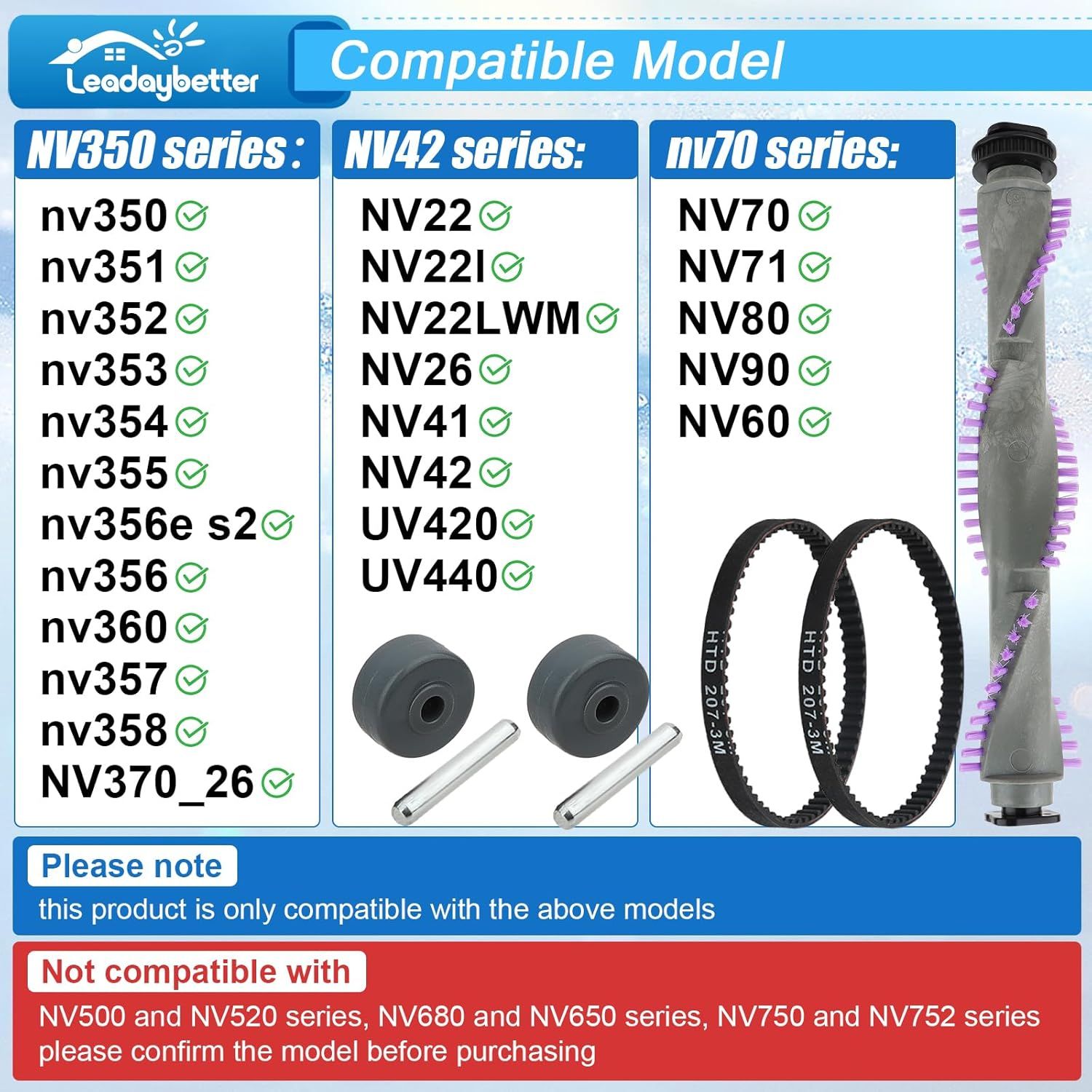Roller Brush Replacement or Shark Navigator Lit Away NV350,NV352,NV353,NV360,NV356E,NV42,NV80,UV420,NV70,NV41,NV71,NV90,NV22 Series Upright Vacuum，1 Roller Brush + 2 Belts + 2 Wheels - Image 3