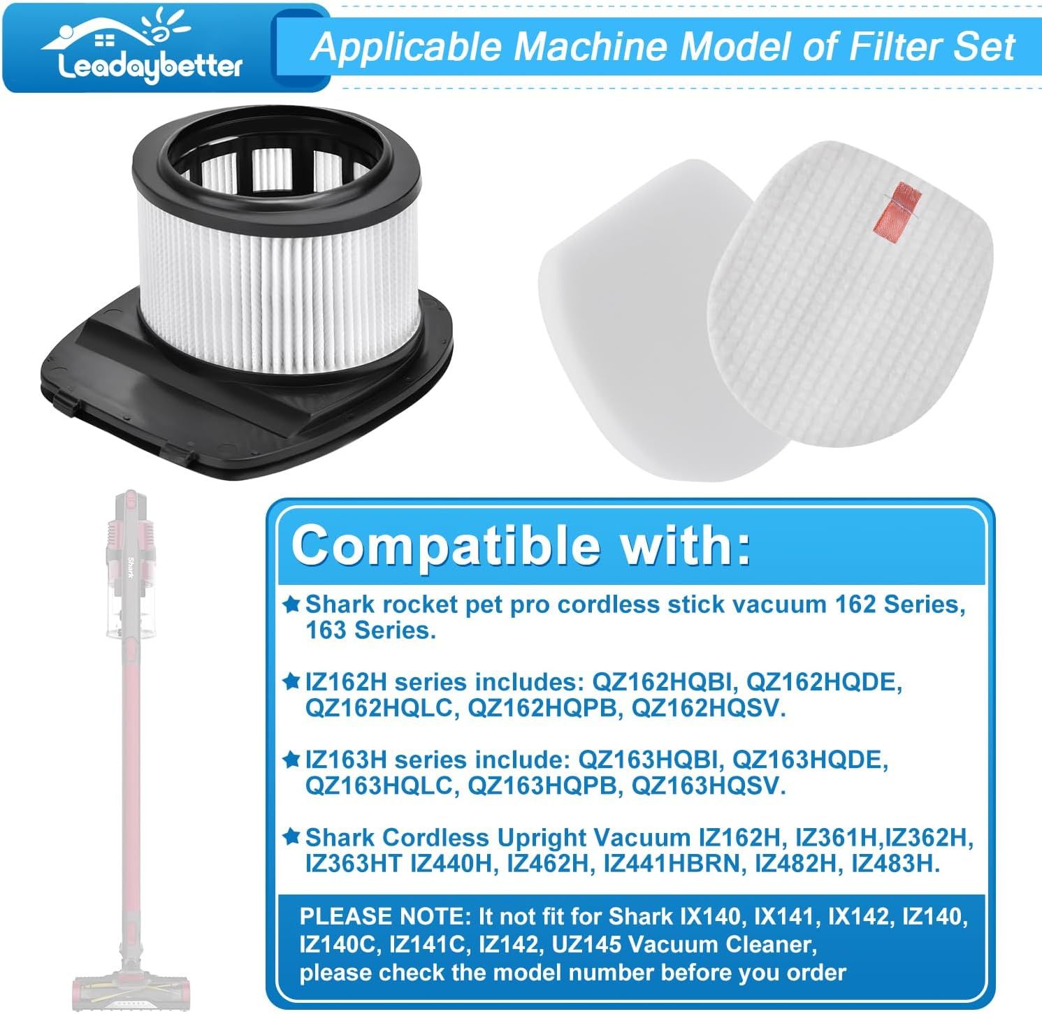 IZ377H IZ382H IZ162H ilter Replacement or Shark PowerPro loorDetect and Rocket Pet Pro IZ361H IZ362H IZ363HT IZ440H IZ441HBRN IZ462H IZ482H IZ483H Cordless Stick Vacuum, Part # XH161H & 617J140 - Image 2