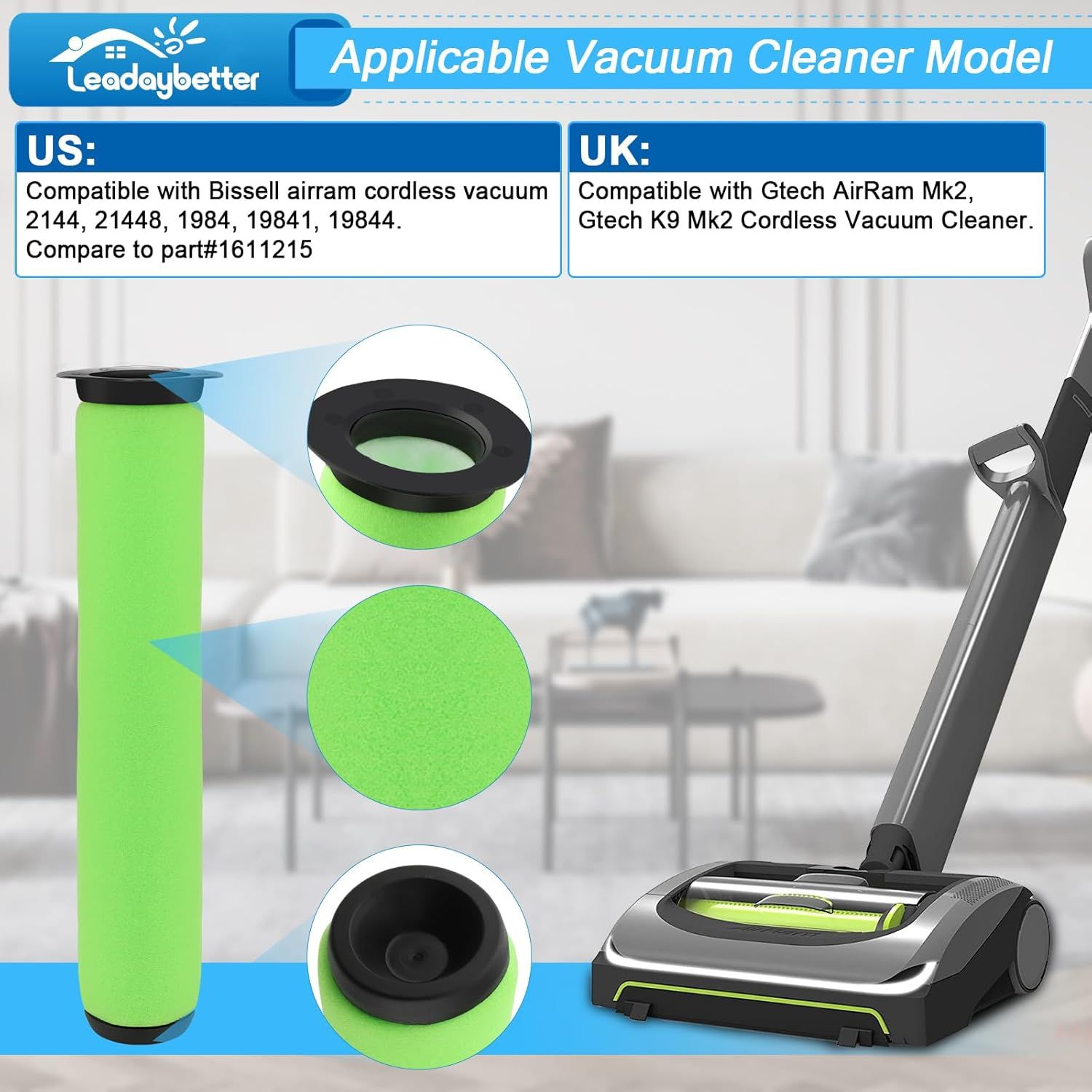 Air Ram ilter Replacement or Bissell AirRam Cordless Vacuum 1984 2144 21448 19841 19844. Compare to part#1611215 (3 Pack) - Image 3