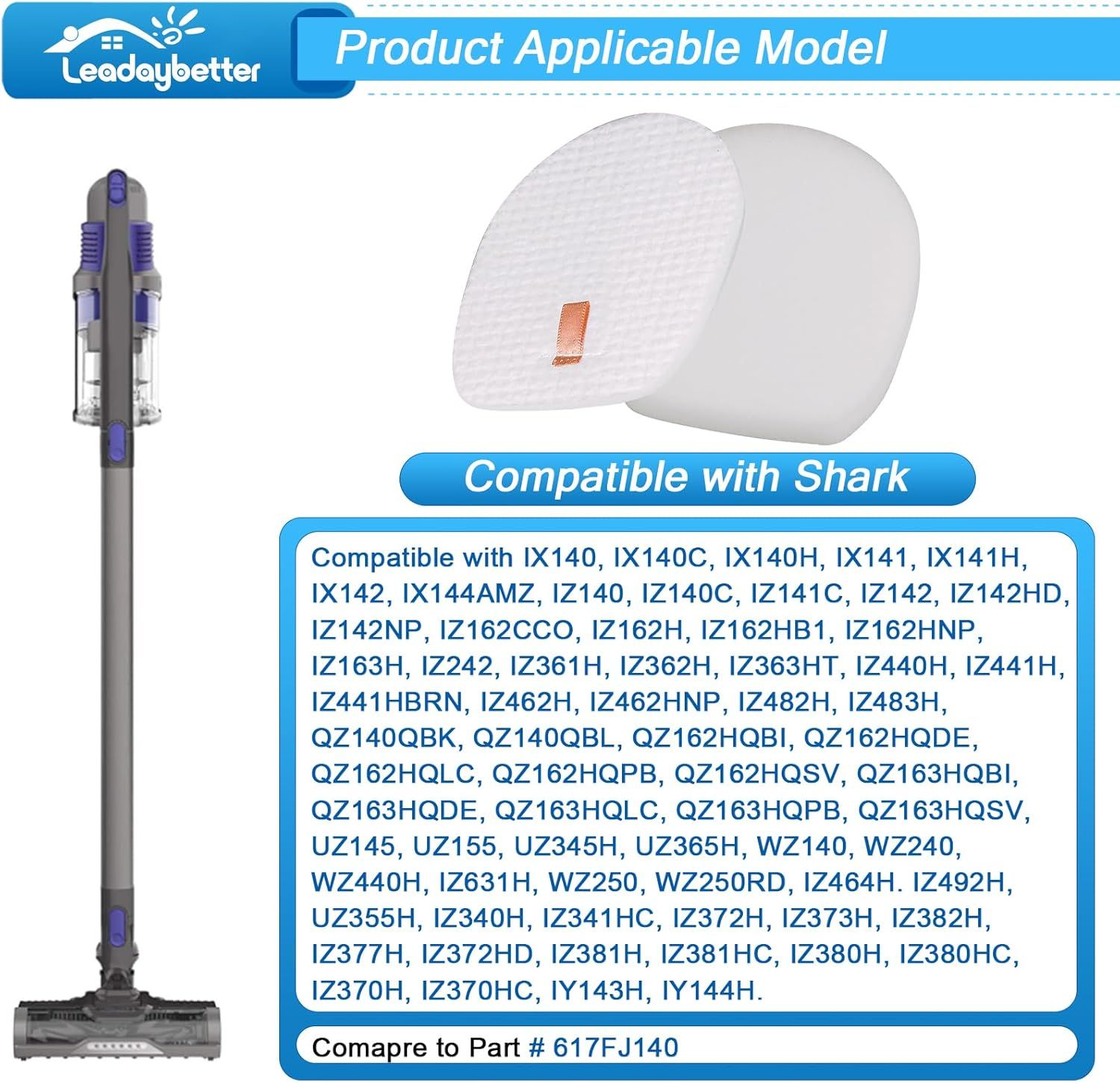 6 Pack ilter Replacement or Shark Rocket Pet Pro IX140 IX141 IX142 IZ140 IZ141C IZ142 IZ162H IZ362H IZ363HT IZ440H IZ462H IZ482H IZ483H Cordless Stick ilters, Comapre Part # 617J140 - Image 3