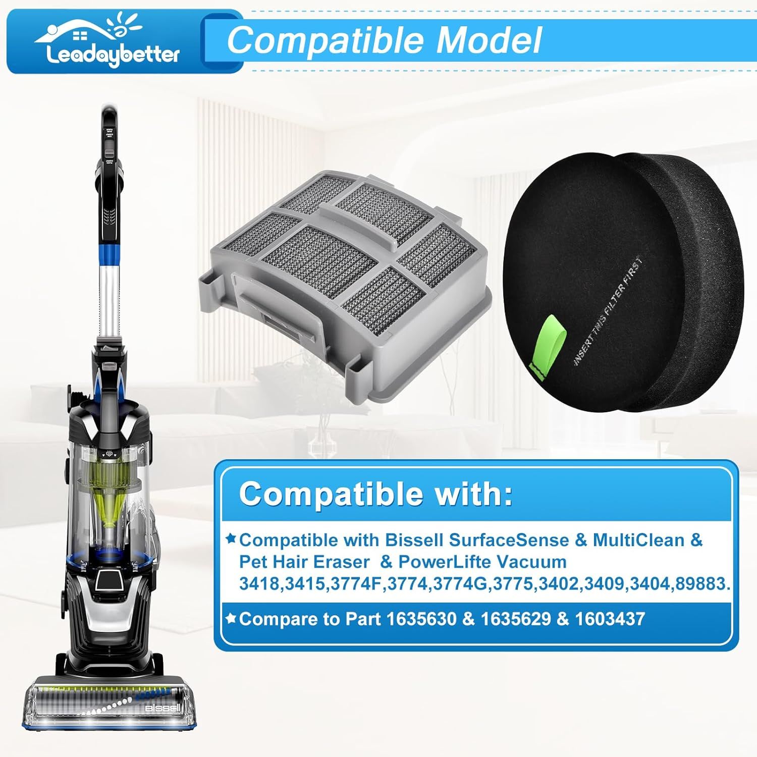 39883 Vacuum ilter or Bissell Pet Hair Eraser 39883 3418 3774 3409 3774 3774G 3775 3415 3404 3402 SuraceSense Vacuums, Model 1635630 & 1635629 - Image 3