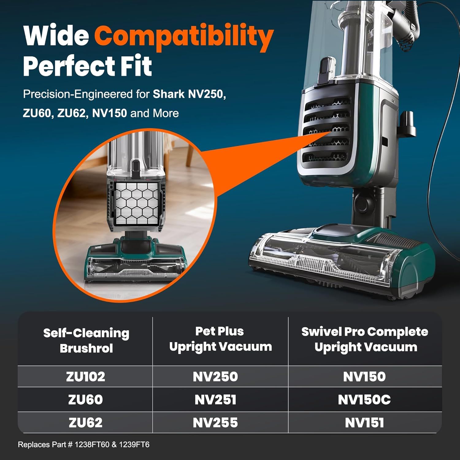 NV250 ilter Replacement or Shark Pet ZU102 ZU100 Pet Plus NV250 NV251 NV255 Swivel Pro NV150 NV151 Pet Pro ZU60 ZU62 ZU51 CU50WM Navigator Rotator Upright Vacuum, Replaces Part # 1238T60 1239T60 - Image 4