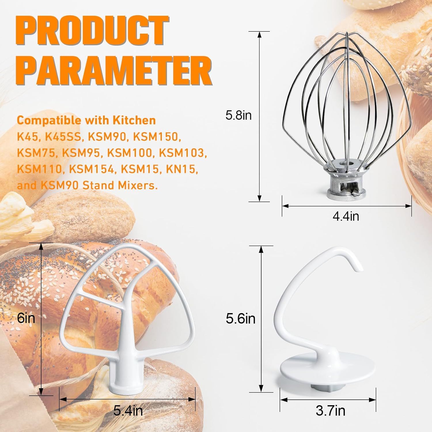 Mixers Accessories K45WW Wire Whip K45DH Dough Hook K45B Coated lat Blade Paddle with Scraper Replacement or Kitchen Tilt-Head Aid Stand Mixer Attachments- Stainless Steel - Image 3