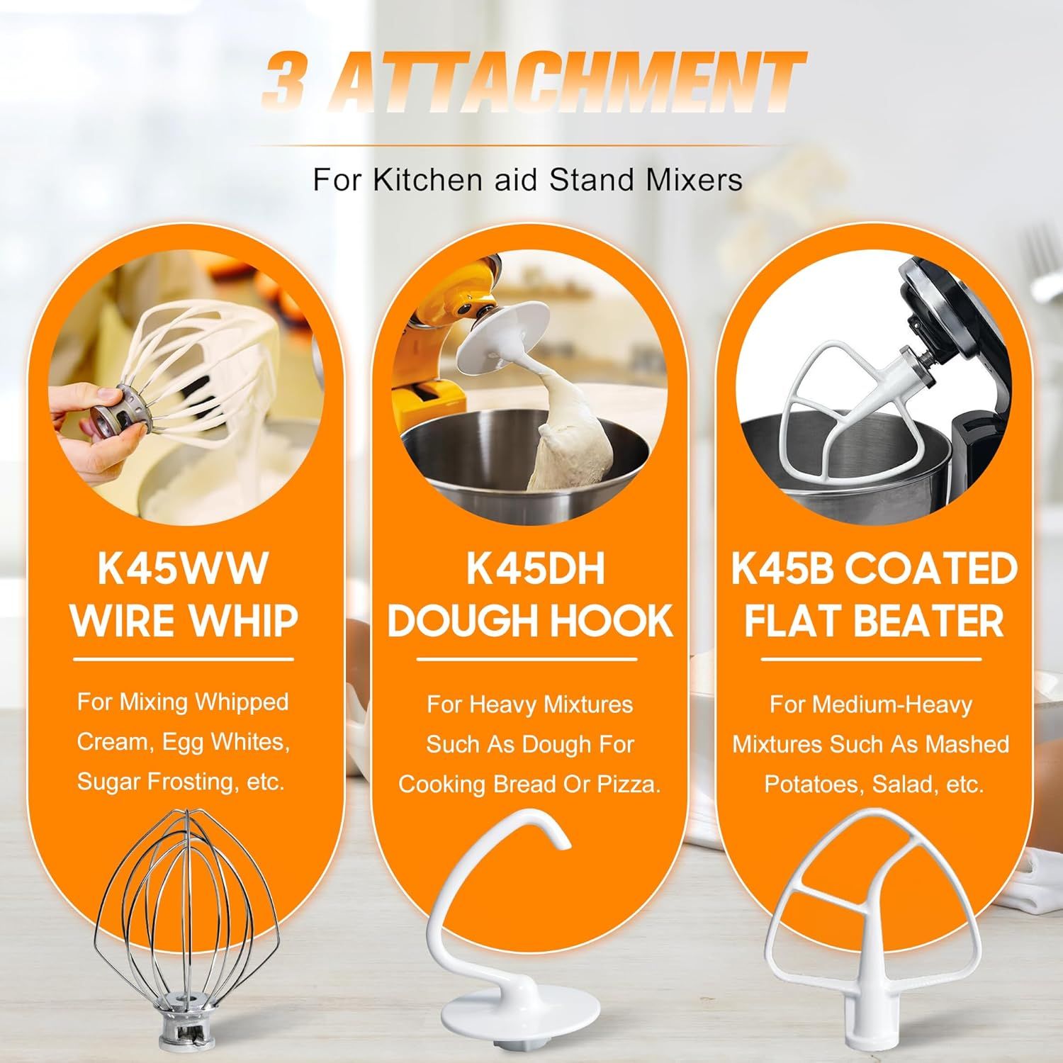 Mixers Accessories K45WW Wire Whip K45DH Dough Hook K45B Coated lat Blade Paddle with Scraper Replacement or Kitchen Tilt-Head Aid Stand Mixer Attachments- Stainless Steel - Image 4