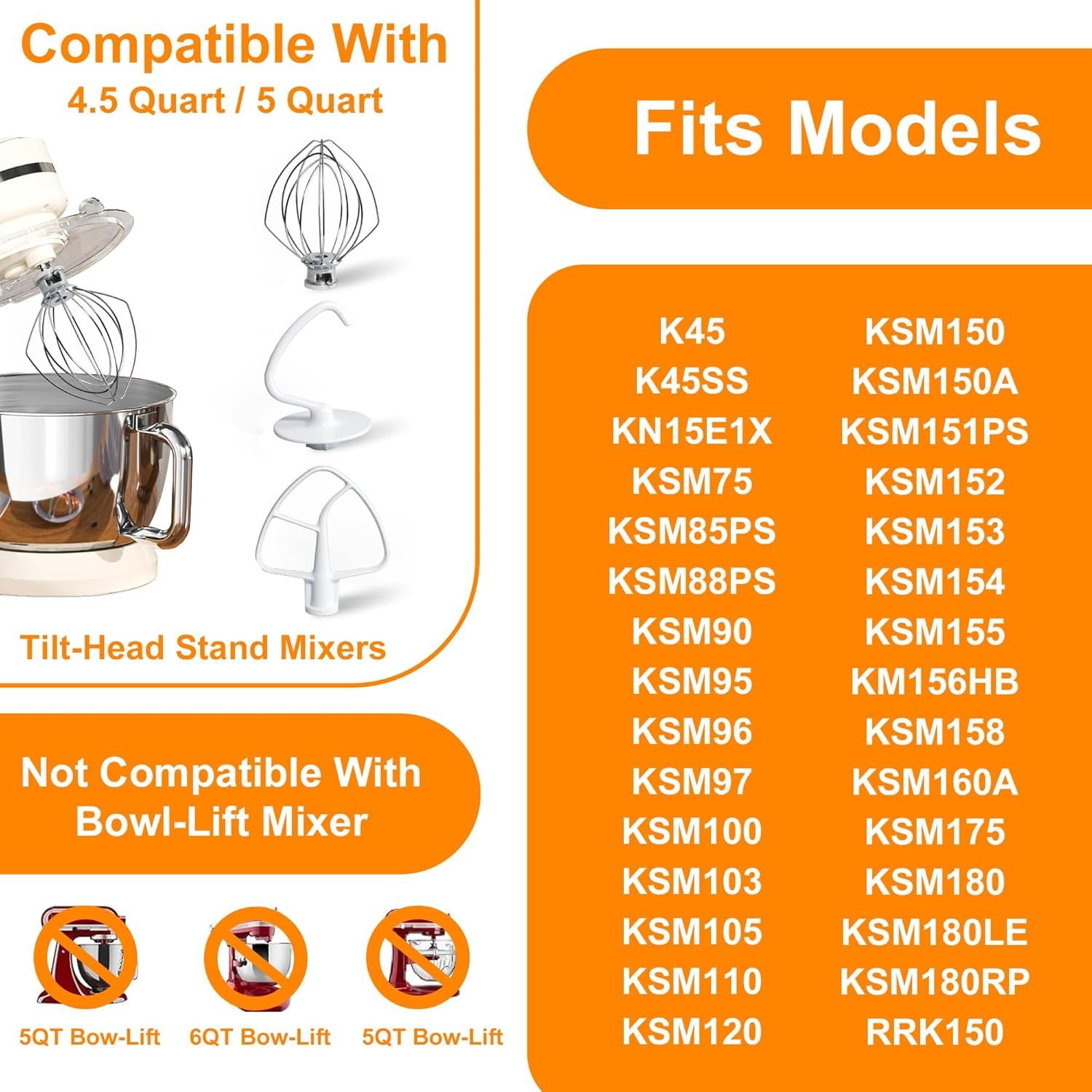Mixers Accessories K45WW Wire Whip K45DH Dough Hook K45B Coated lat Blade Paddle with Scraper Replacement or Kitchen Tilt-Head Aid Stand Mixer Attachments- Stainless Steel - Image 5