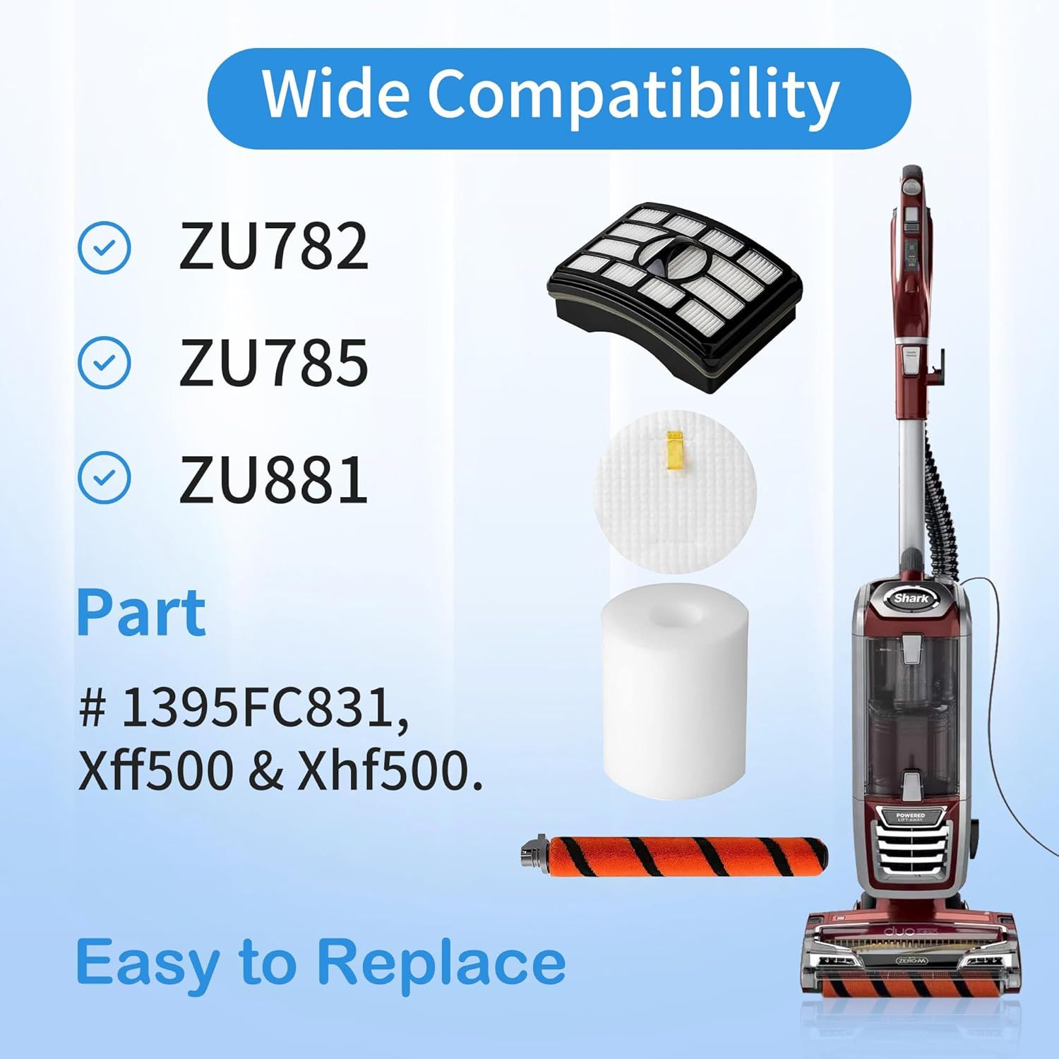 Hepa oam & elt ilter Brushroll Replacement Kit or Shark Rotator Proessional Lit-away DuoClean Vacuum ZU780 ZU782 ZU785, Replaces Part # 1395C831 & X500 & Xh500 - Image 5