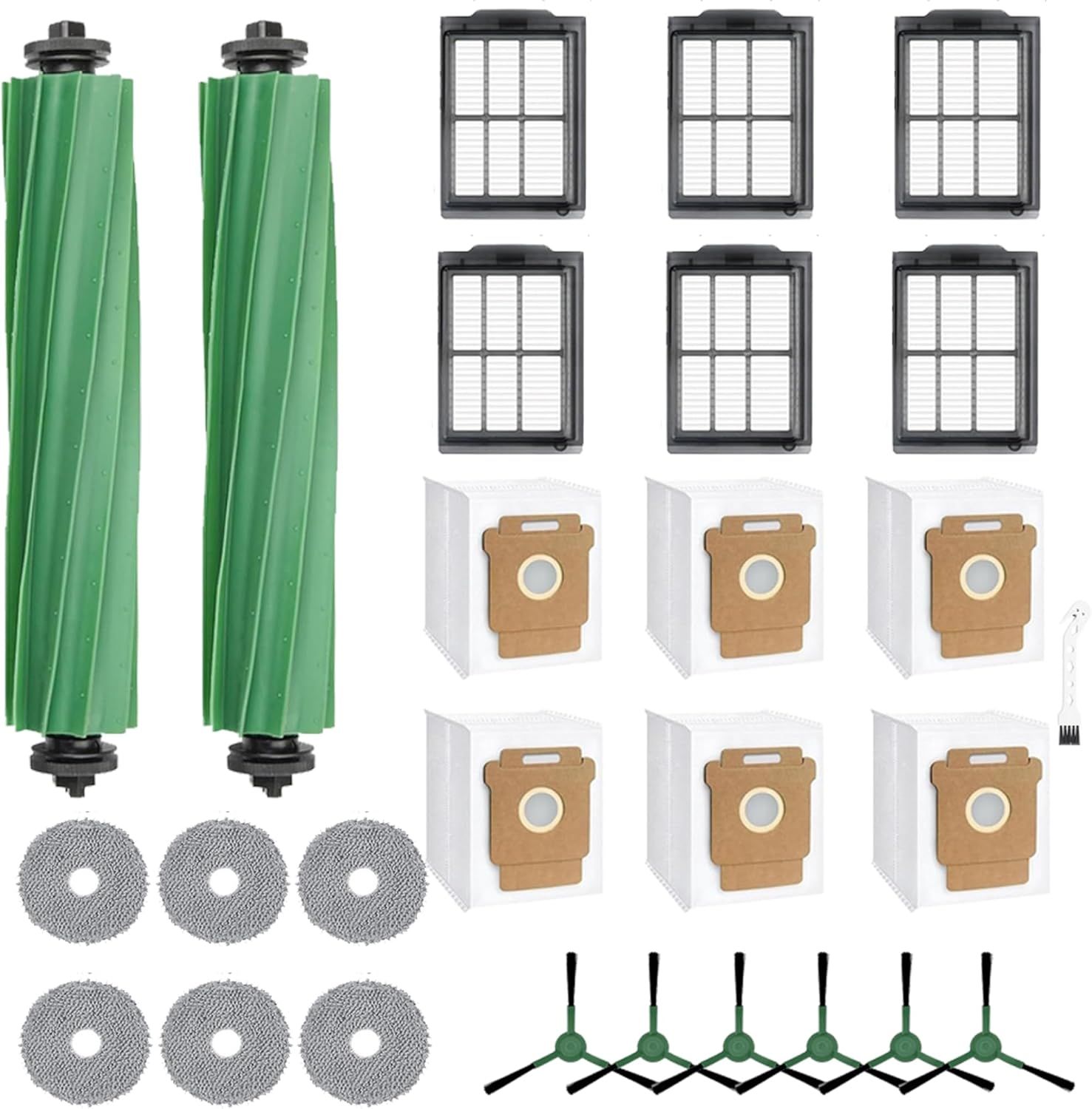 Replacement Parts Compatible with Combo 405/505, 24-Piece Set with 2 Roller Brushes, 6 Dust Bags, 6 Side Brushes, 6 ilters & 6 Mopping Pads - Image 1