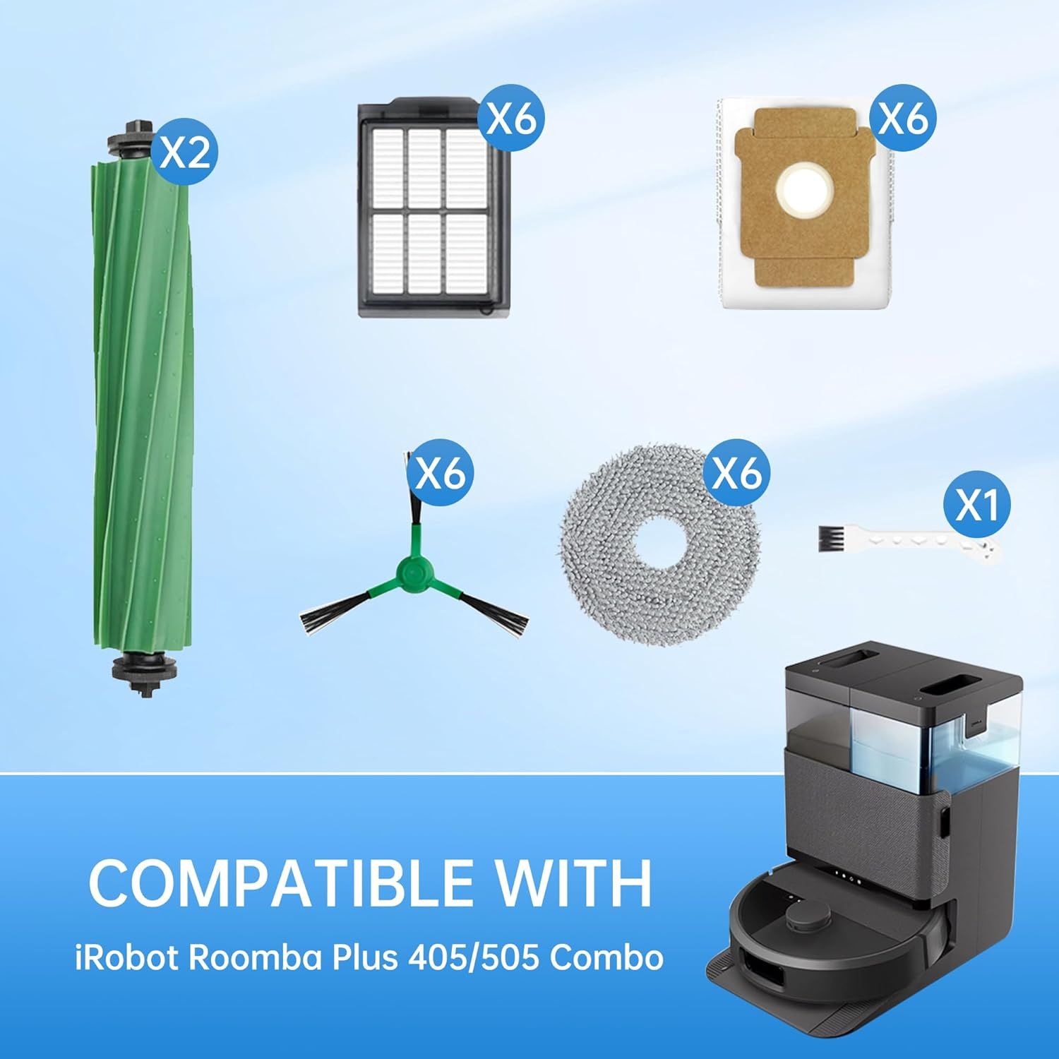 Replacement Parts Compatible with Combo 405/505, 24-Piece Set with 2 Roller Brushes, 6 Dust Bags, 6 Side Brushes, 6 ilters & 6 Mopping Pads - Image 7