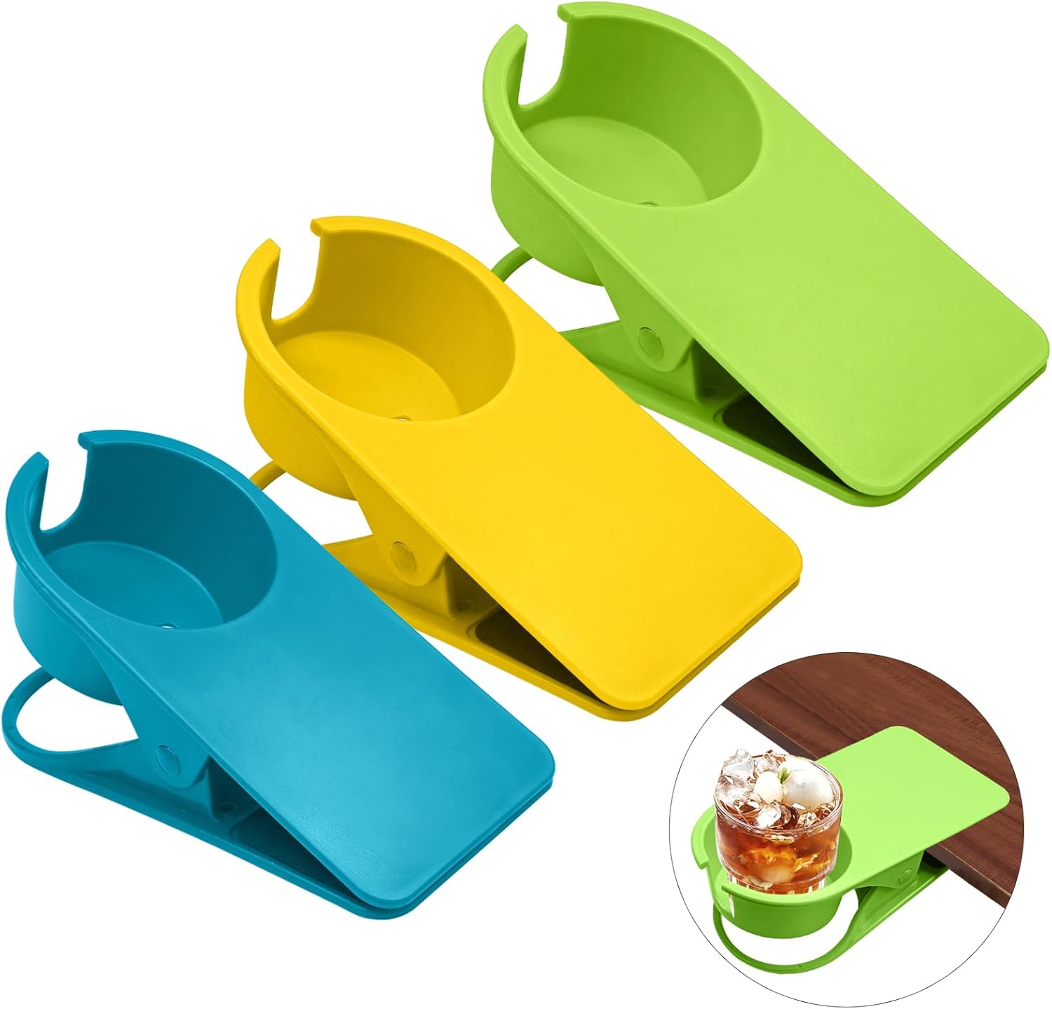 Biaungdo 3 Pack Drinking Cup Holder Clip with Side Hole, Desk Drink Holder Desk Side Clamps Clip Cup Holder Chair Cup Holder for Water Drink Beverage Soda Coffee Mug Holder(Green, Blue, Yellow) - Image 1