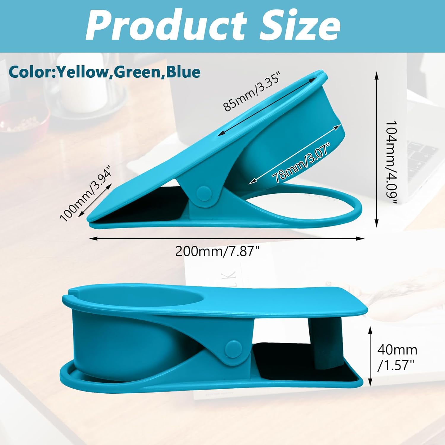 Biaungdo 3 Pack Drinking Cup Holder Clip with Side Hole, Desk Drink Holder Desk Side Clamps Clip Cup Holder Chair Cup Holder for Water Drink Beverage Soda Coffee Mug Holder(Green, Blue, Yellow) - Image 2