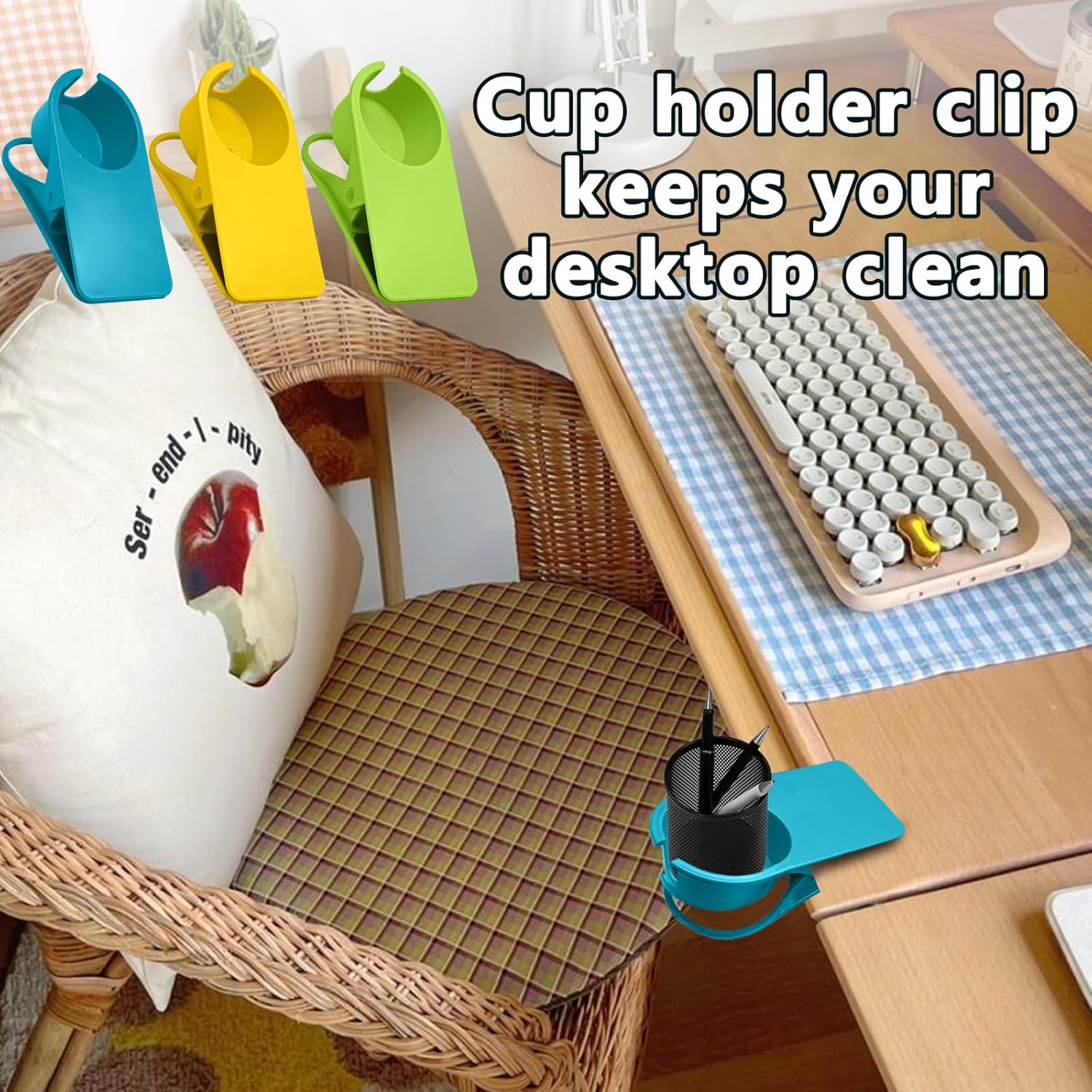 Biaungdo 3 Pack Drinking Cup Holder Clip with Side Hole, Desk Drink Holder Desk Side Clamps Clip Cup Holder Chair Cup Holder for Water Drink Beverage Soda Coffee Mug Holder(Green, Blue, Yellow) - Image 4
