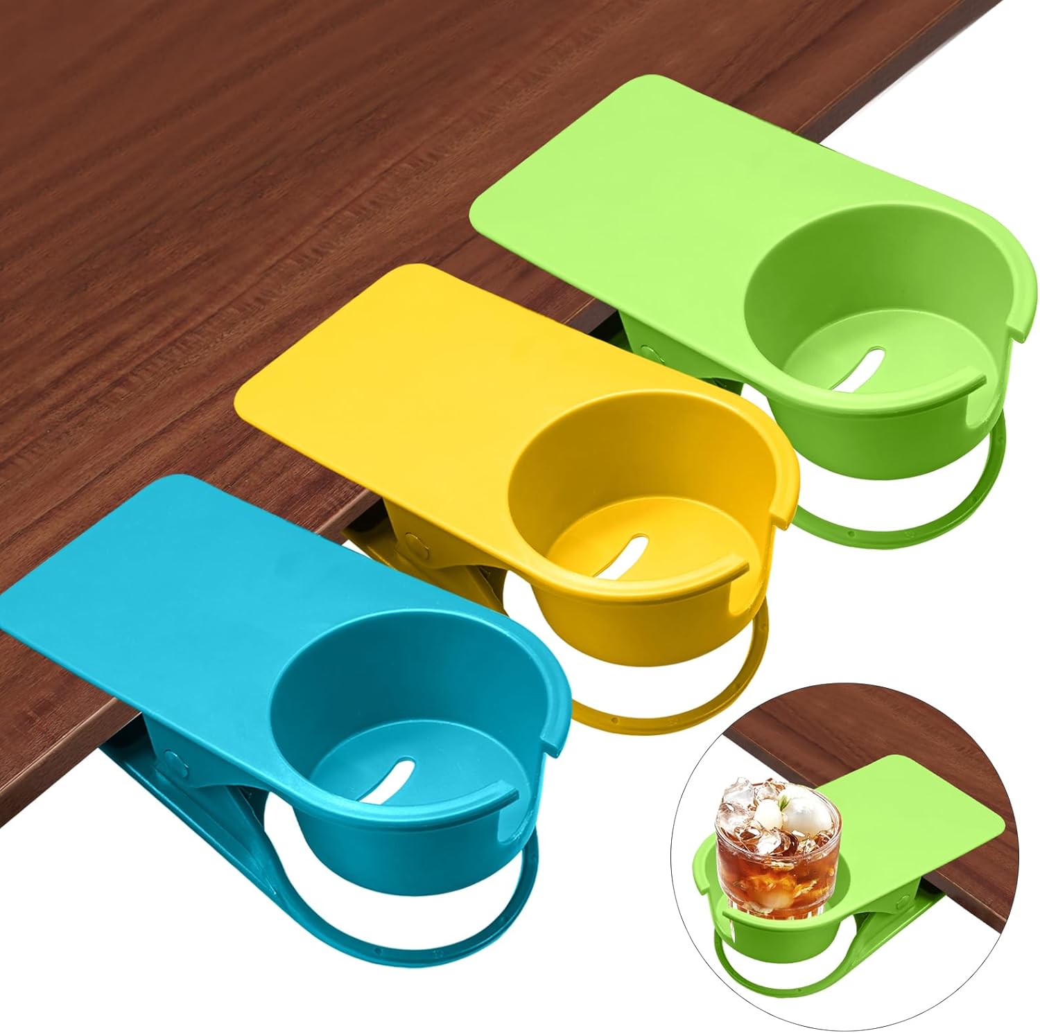 Biaungdo 3 Pack Drinking Cup Holder Clip with Side Hole, Desk Drink Holder Desk Side Clamps Clip Cup Holder Chair Cup Holder for Water Drink Beverage Soda Coffee Mug Holder(Green, Blue, Yellow) - Image 6