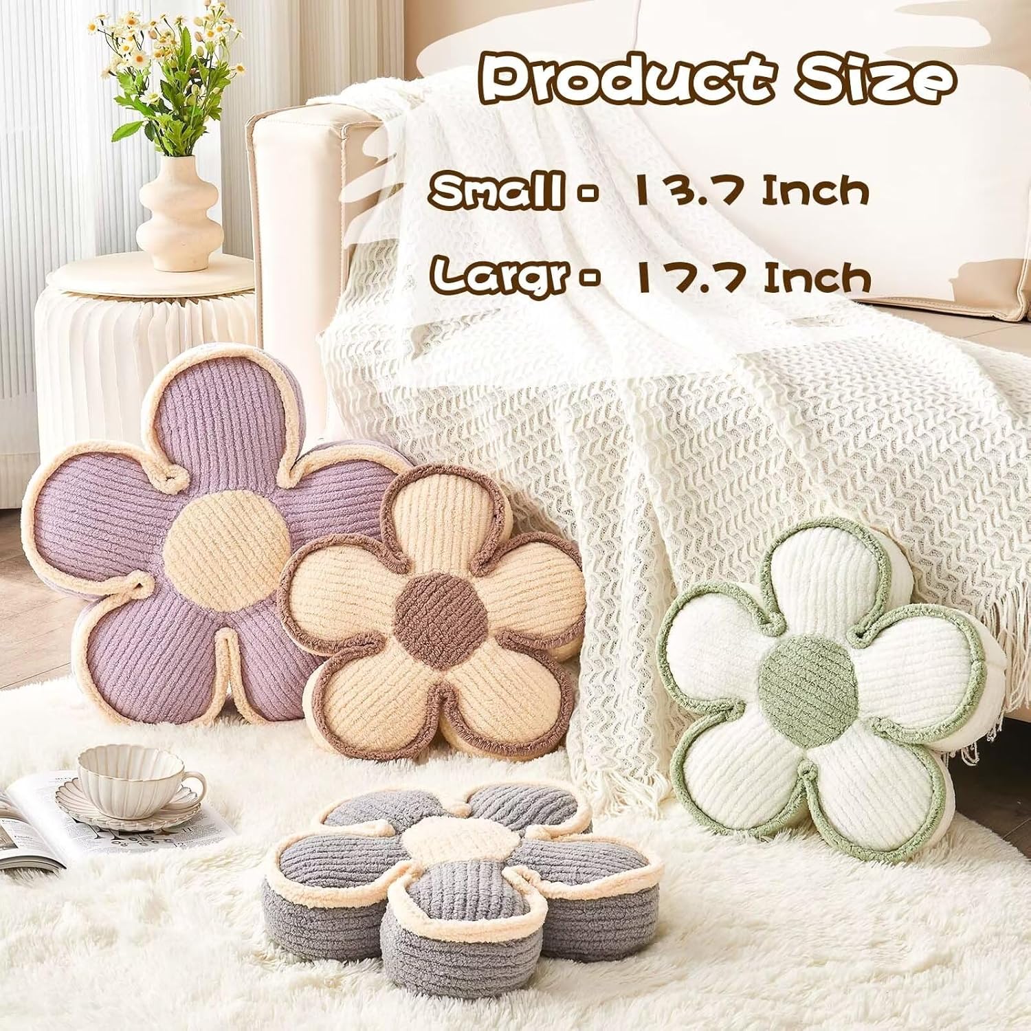 Soft Flower Shaped Floor Cushion, Plush Decorative Throw Pillow, Cute Seating Cushion, Room Decor Plush Pillows for Sofa Couch Bed (13.7 Inch, White) - Image 3