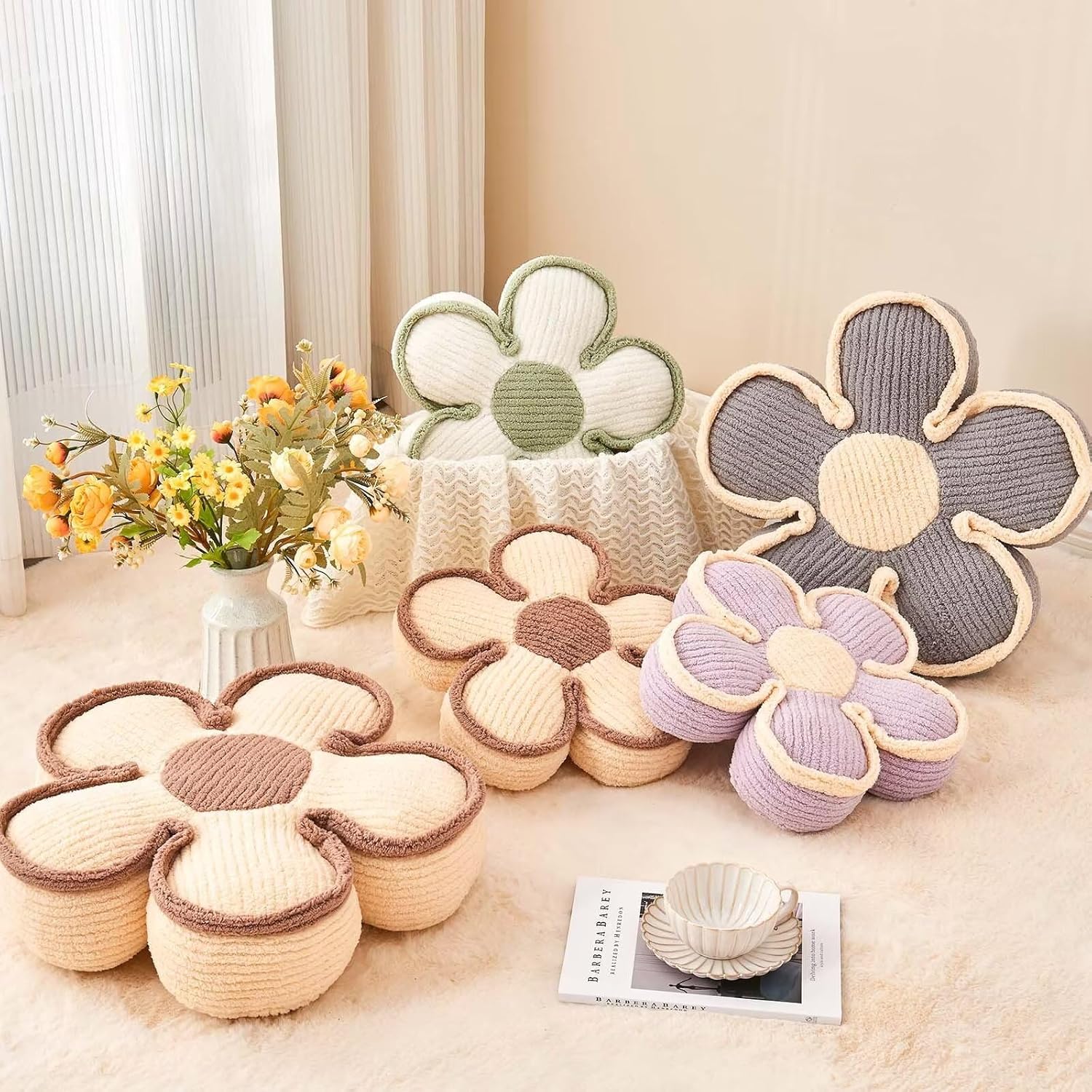 Soft Flower Shaped Floor Cushion, Plush Decorative Throw Pillow, Cute Seating Cushion, Room Decor Plush Pillows for Sofa Couch Bed (13.7 Inch, White) - Image 4