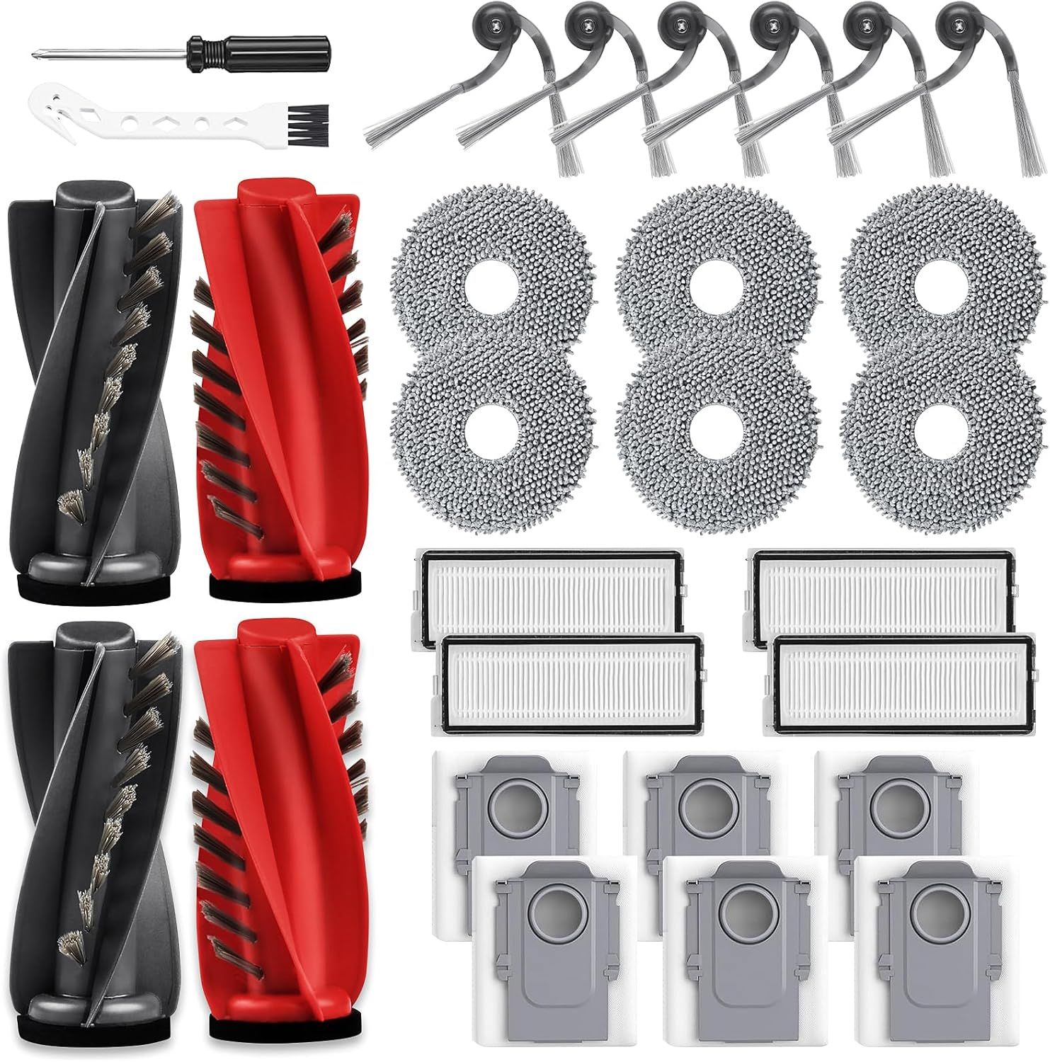 28 Pack Replacement Accessories or  Qrevo Curv/Curv S5X/Qrevo Edge/Edge S5A/Qrevo S5V Robot Vacuum, 2 Pairs Mainbrush 4 ilter 6 Dust Bags 6 Mop Pad 6 Sidebrush 1 Cleaning Brush 1 Screwdriver - Image 1