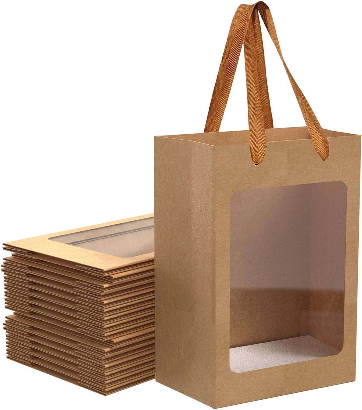 BallHull 12 Pcs Brown Paper Gift Bags with Transparent Window, 9.84