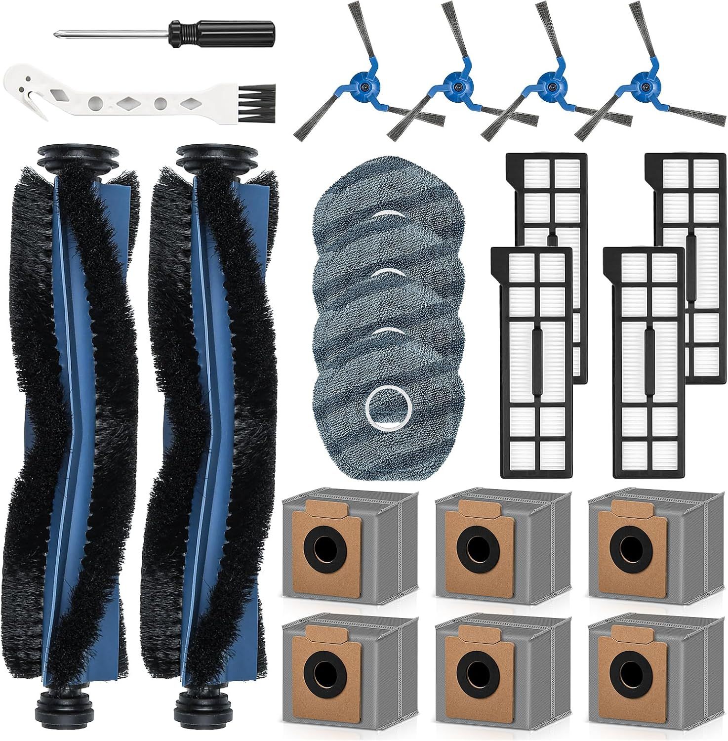 22 Pack Replacement Accessories or euy X10 Pro Omni Robot Vacuum Cleaner, 2 Mainbrush 4 ilter 6 Dust Bag 4 Mop Pads 4 Sidebrush 1 Cleaning Brush 1 Screwdriver - Image 1
