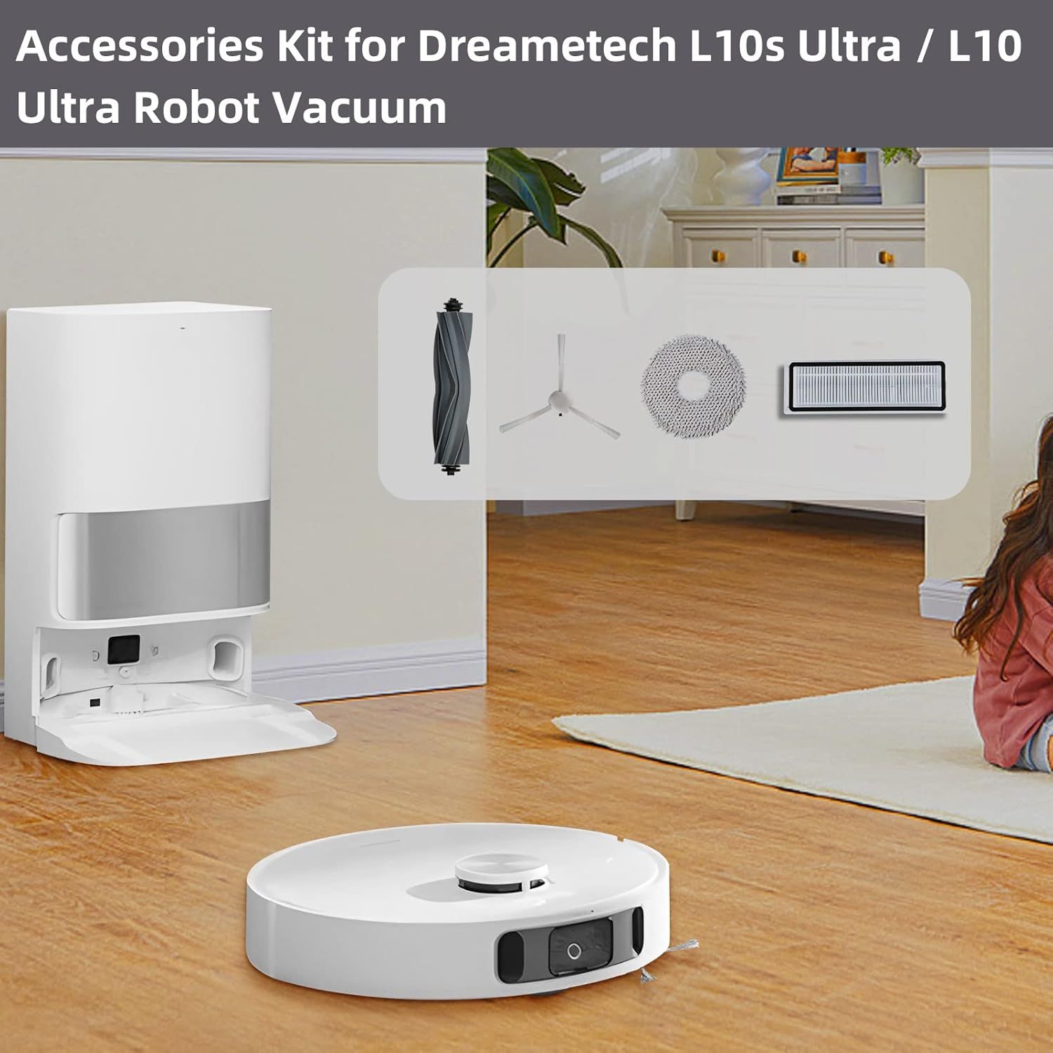 24 Pack Accessories Kit or Dreame L10s Ultra / L10 Ultra Robot Vacuum Replacement Parts Including 1 Main Brush 4 HEPA ilters 6 Sidebrushes 6 Mop Pads 6 Dust Bags 1 Cleaning Brush - Image 2