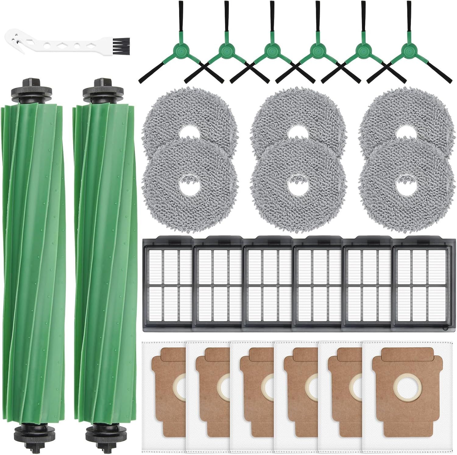 27 Pack Replacement Accessories or iRobot Roomba Plus 405 Combo/505 Combo/507 Combo Robot Vacuum Cleaner, 2 Main Brushes 6 Side Brushes 6 HEPA ilters 6 Mop Pads 6 Dust Bags 1 Cleaning Brush - Image 1