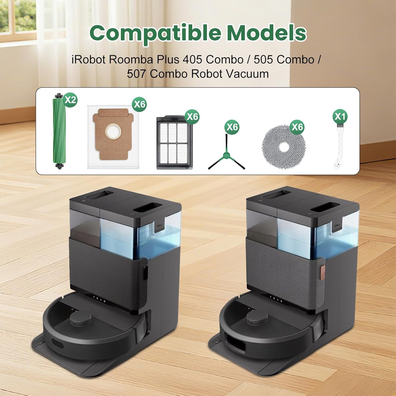 27 Pack Replacement Accessories or iRobot Roomba Plus 405 Combo/505 Combo/507 Combo Robot Vacuum Cleaner, 2 Main Brushes 6 Side Brushes 6 HEPA ilters 6 Mop Pads 6 Dust Bags 1 Cleaning Brush - Image 2