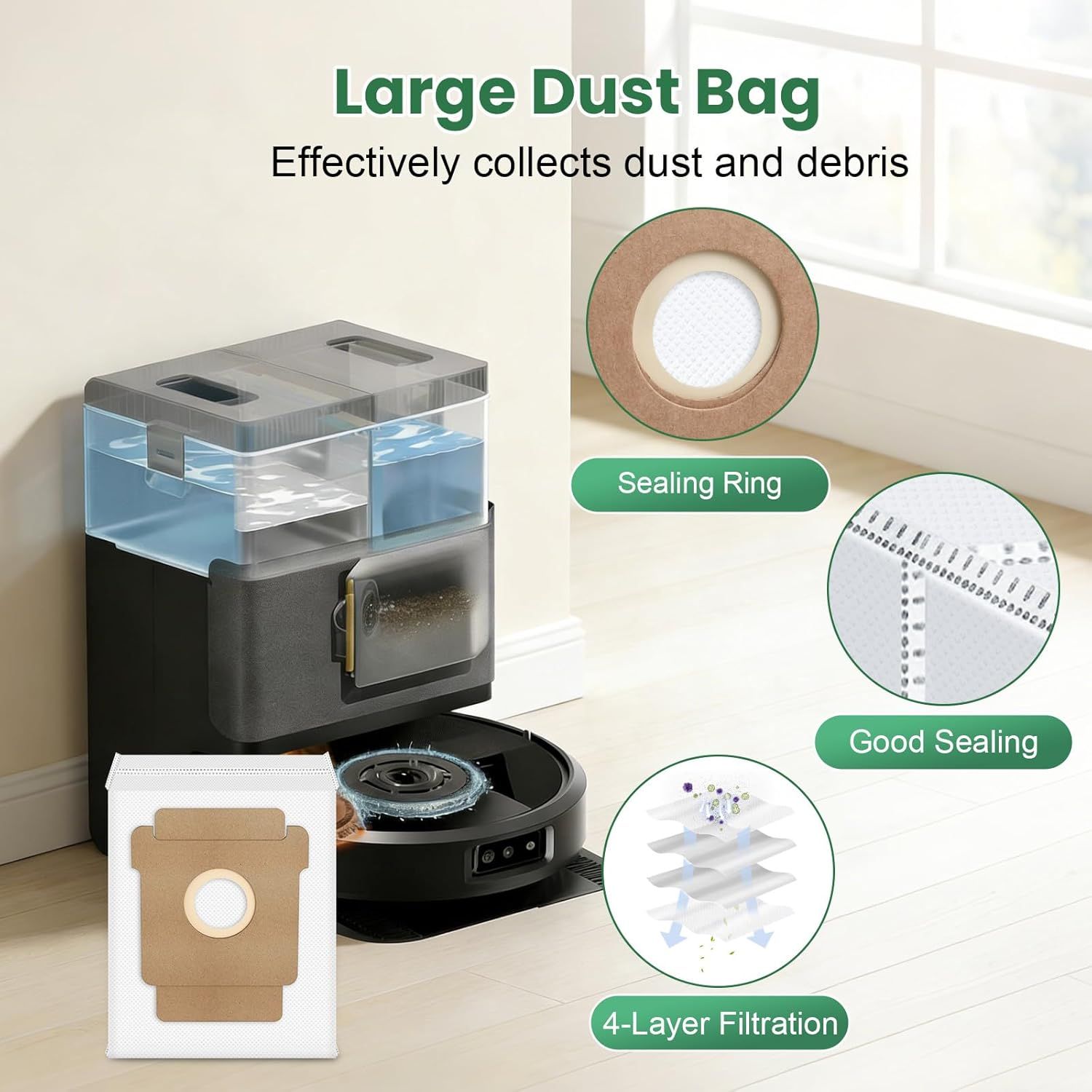 27 Pack Replacement Accessories or iRobot Roomba Plus 405 Combo/505 Combo/507 Combo Robot Vacuum Cleaner, 2 Main Brushes 6 Side Brushes 6 HEPA ilters 6 Mop Pads 6 Dust Bags 1 Cleaning Brush - Image 7