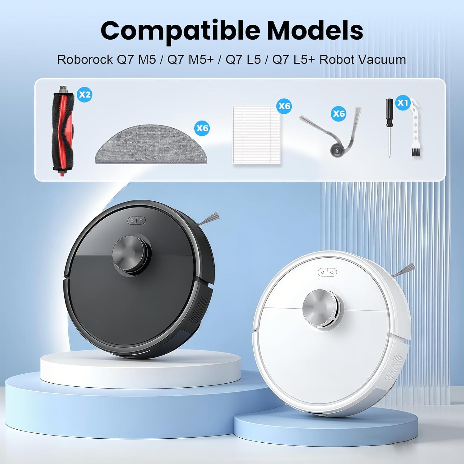 22 Pack Replacement Accessories or  Q7 M5 / Q7 M5+ / Q7 L5 / Q7 L5+ Robot Vacuum Cleaner, 2 Main Brushes 6 Side Brushes 6 HEPA ilters 6 Mop Pads 1 Cleaning Brush 1 Screwdriver - Image 2