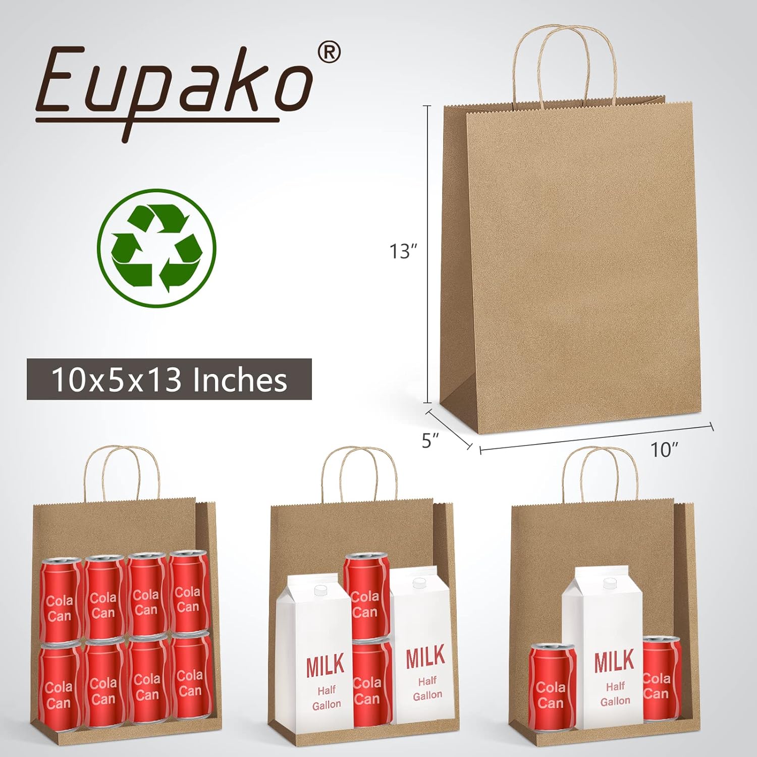 Eupako Kraft Shopping Bags 10x5x13 - 100 PCS Brown Paper With Handles, Gift Bulk, Party Favor, Merchandise, Retail - Image 4