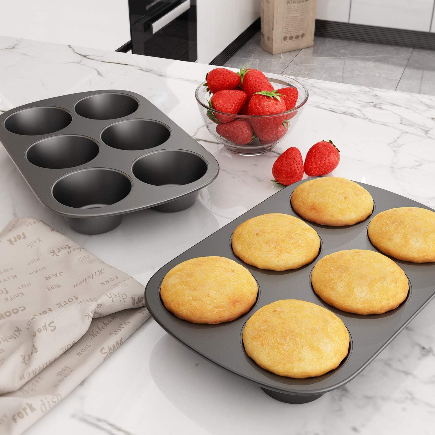 3 Pack Nonstick Muin Pan, Carbon Steel Cupcake Pan, Easy to Clean and Perect or Making Muins or Cupcakes, 6 Cup Jumbo - Image 2