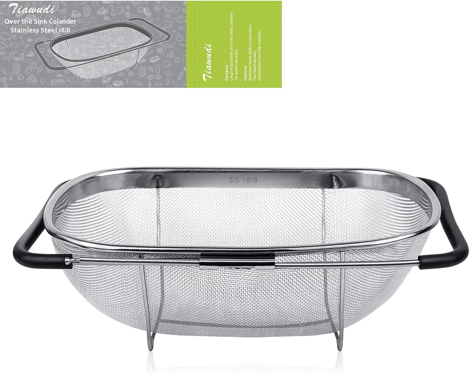 6-Quart Large Over The Sink Colander, Heavy Duty 40% Thicker 18/8 Stainless Steel ine Mesh Strainer Basket with Expandable Rubber Grip Handles - Strain, Drain, Rinse ruits, Vegetables - Image 1