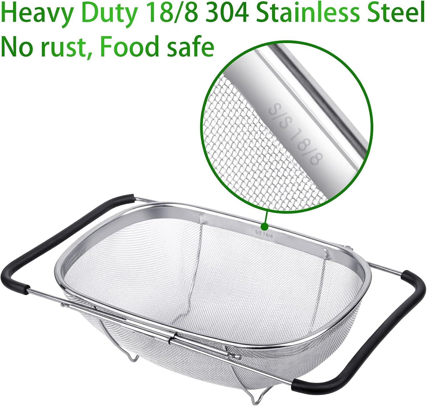 6-Quart Large Over The Sink Colander, Heavy Duty 40% Thicker 18/8 Stainless Steel ine Mesh Strainer Basket with Expandable Rubber Grip Handles - Strain, Drain, Rinse ruits, Vegetables - Image 3