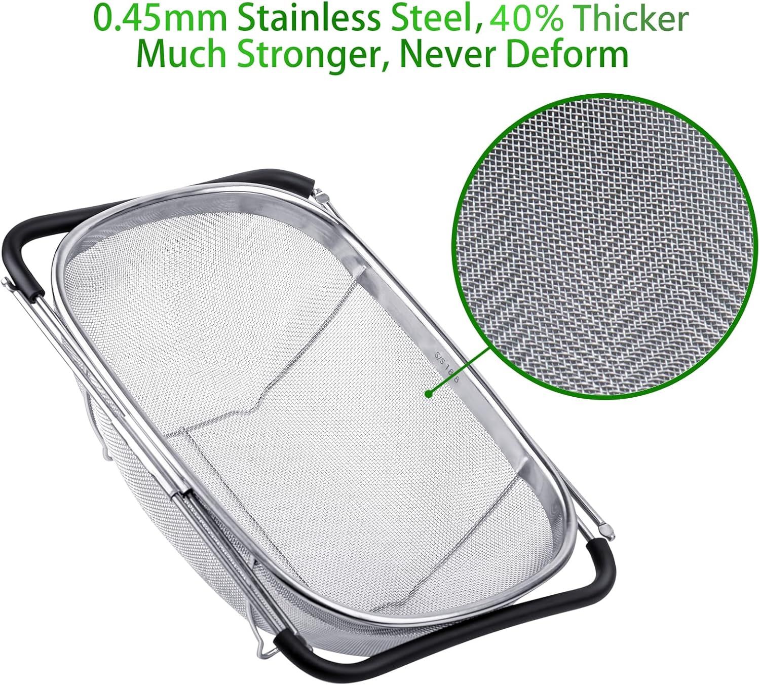 6-Quart Large Over The Sink Colander, Heavy Duty 40% Thicker 18/8 Stainless Steel ine Mesh Strainer Basket with Expandable Rubber Grip Handles - Strain, Drain, Rinse ruits, Vegetables - Image 4