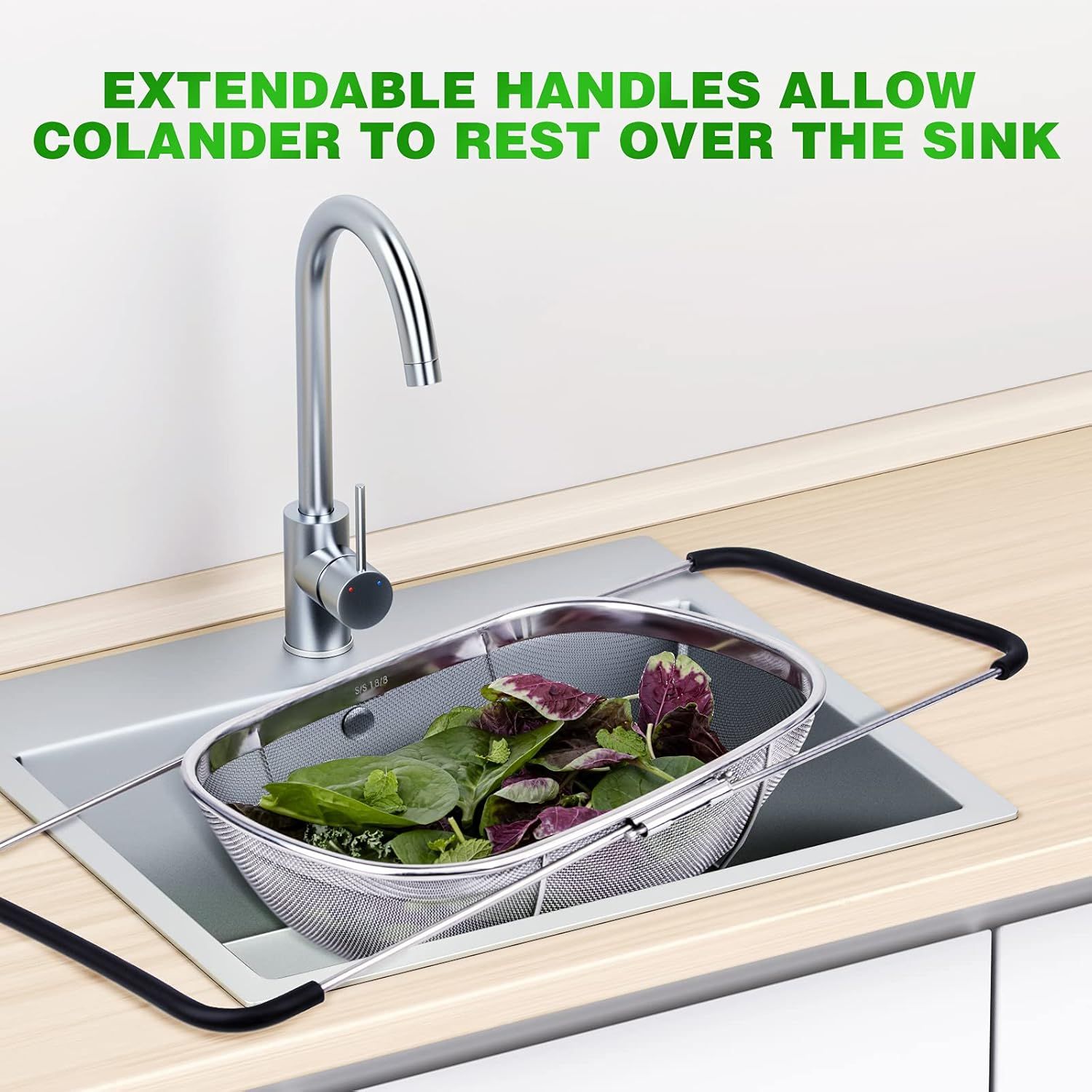 6-Quart Large Over The Sink Colander, Heavy Duty 40% Thicker 18/8 Stainless Steel ine Mesh Strainer Basket with Expandable Rubber Grip Handles - Strain, Drain, Rinse ruits, Vegetables - Image 6