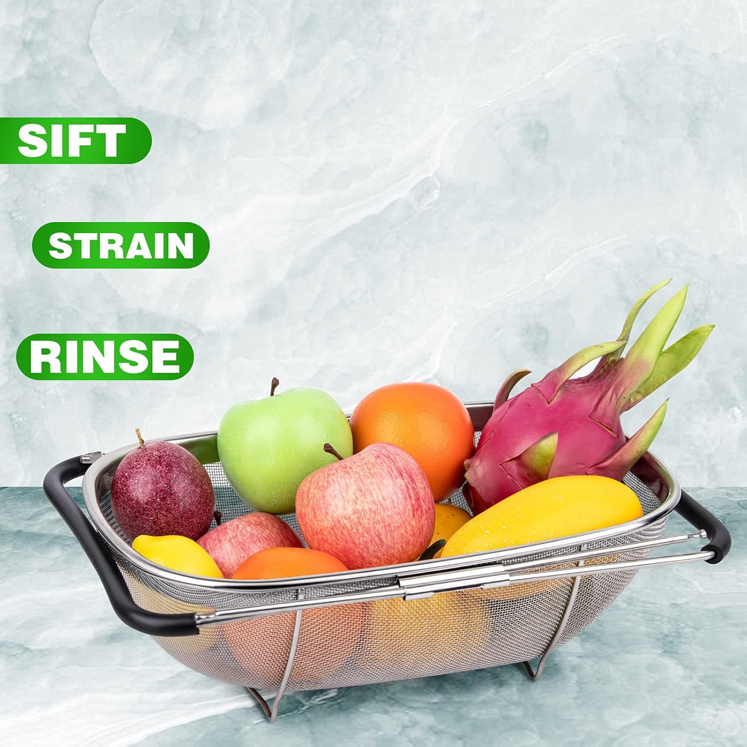 6-Quart Large Over The Sink Colander, Heavy Duty 40% Thicker 18/8 Stainless Steel ine Mesh Strainer Basket with Expandable Rubber Grip Handles - Strain, Drain, Rinse ruits, Vegetables - Image 7