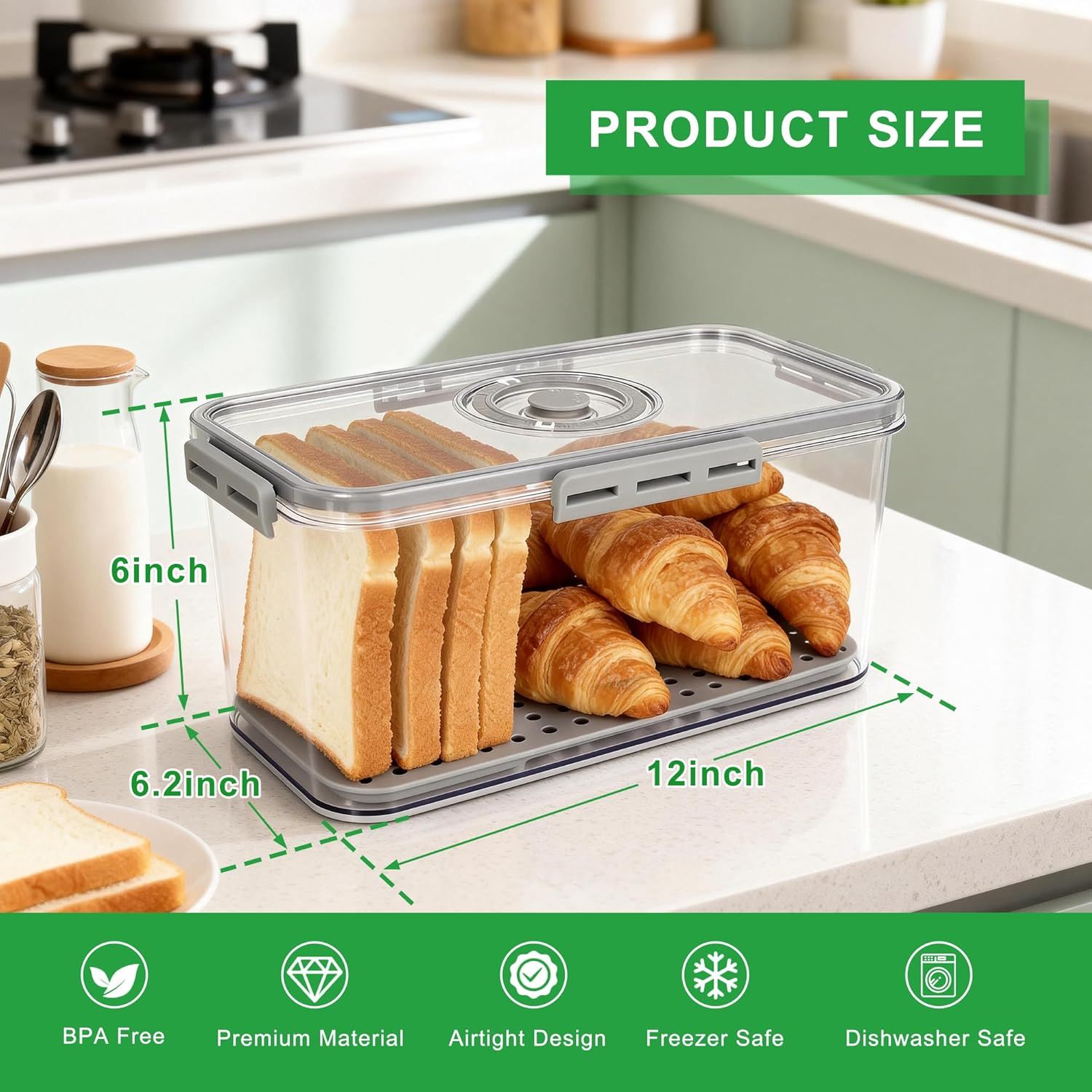 Plastic Bread Box or Kitchen Countertop, Airtight Bread Storage Container or Homemade Bread, Toast, Loa, Bagel, Donut and Cookies, Time Recording Bread Keeper, Dishwasher Sae - Image 3