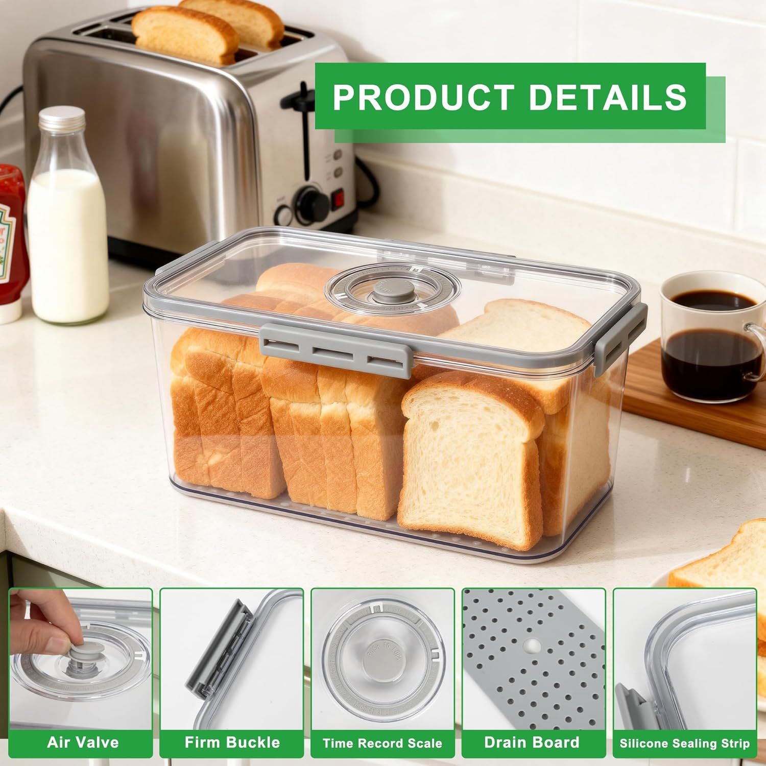 Plastic Bread Box or Kitchen Countertop, Airtight Bread Storage Container or Homemade Bread, Toast, Loa, Bagel, Donut and Cookies, Time Recording Bread Keeper, Dishwasher Sae - Image 4