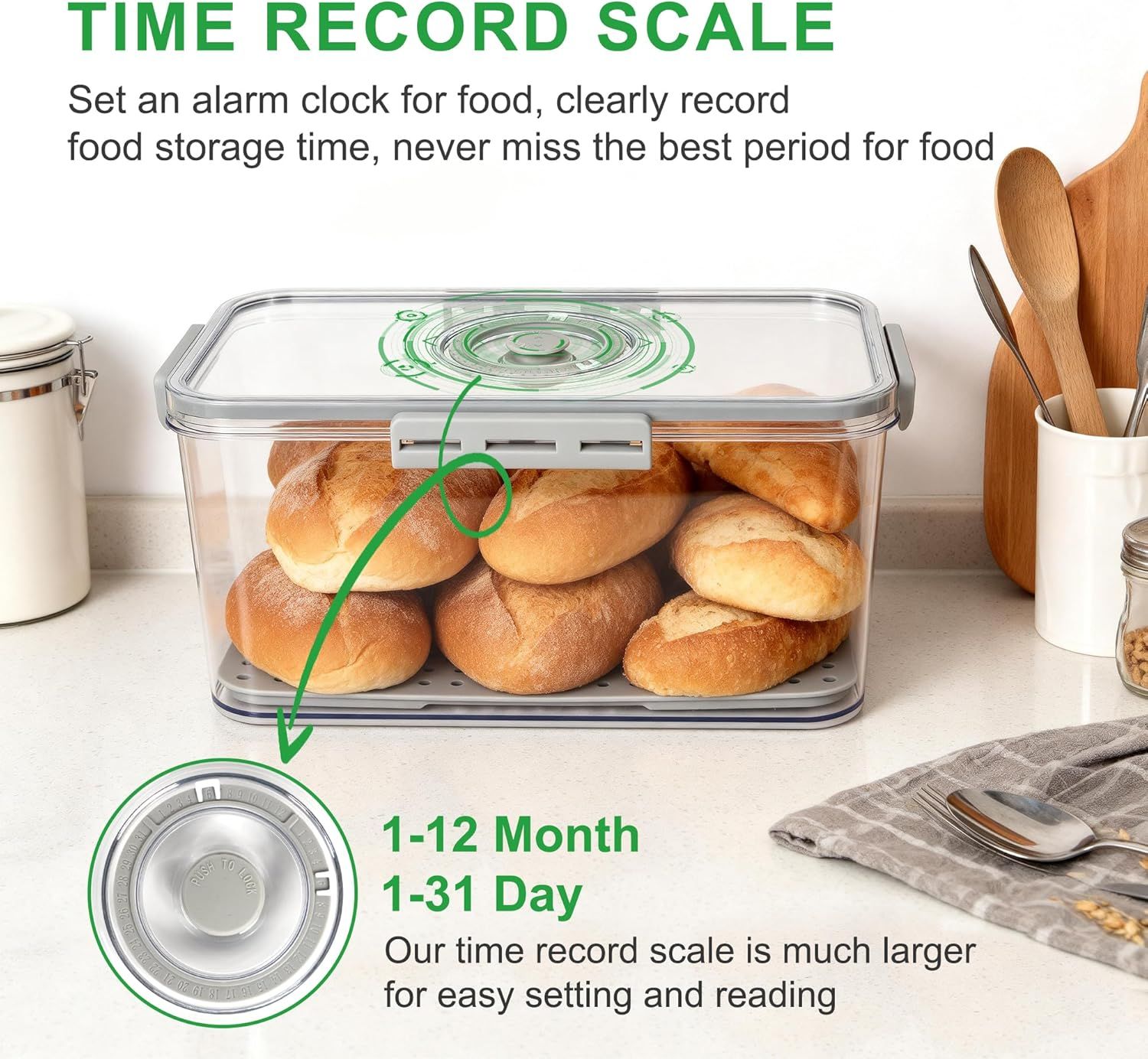 Plastic Bread Box or Kitchen Countertop, Airtight Bread Storage Container or Homemade Bread, Toast, Loa, Bagel, Donut and Cookies, Time Recording Bread Keeper, Dishwasher Sae - Image 5