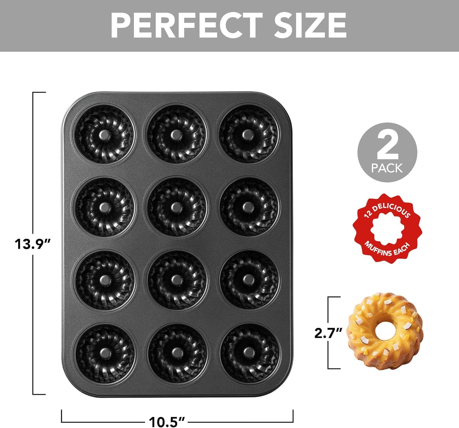 Mini luted Tube Cake Pan, 12 Cavity Baking Pan, Non-stick Baking Mold or Cupcakes, Donuts, Cornbread, Brownies, Jellies, Set o 2 - Image 3
