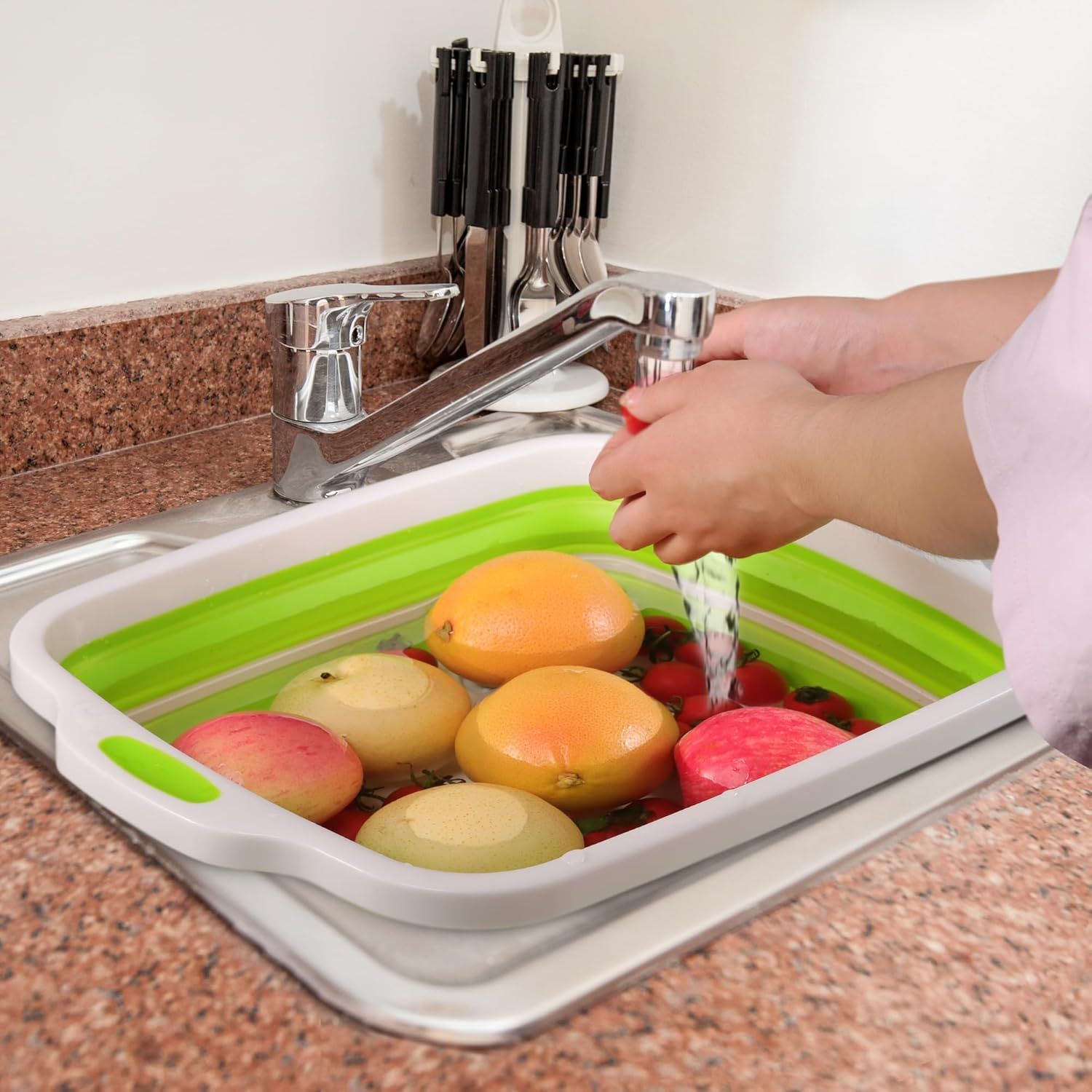2 Pack Collapsible Cutting Board, oldable Dish Tub with Draining Hole, Portable Chopping Board with Colander, 3 in 1 Multiunction Camping Sink or Washing Dish, Bowl, Vegetables and ruit - Image 2