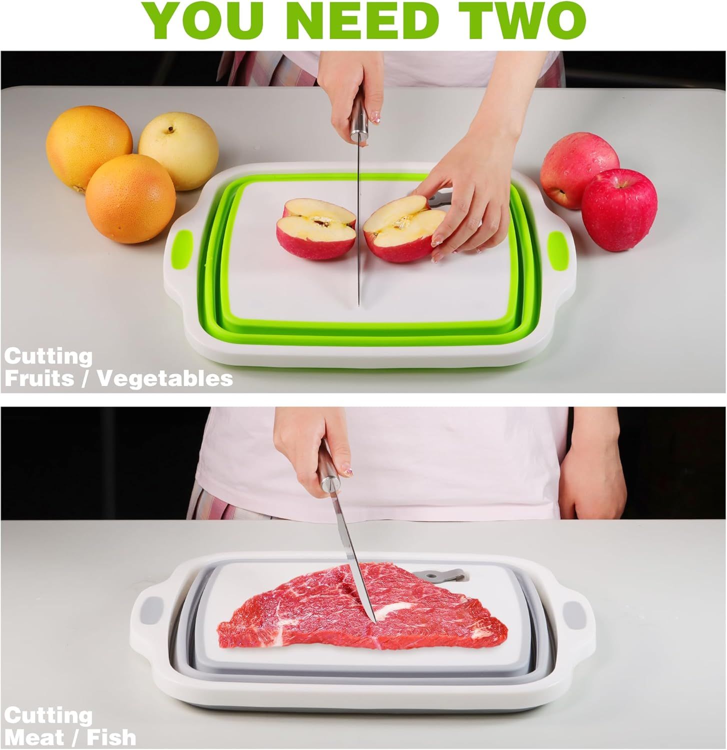 2 Pack Collapsible Cutting Board, oldable Dish Tub with Draining Hole, Portable Chopping Board with Colander, 3 in 1 Multiunction Camping Sink or Washing Dish, Bowl, Vegetables and ruit - Image 4